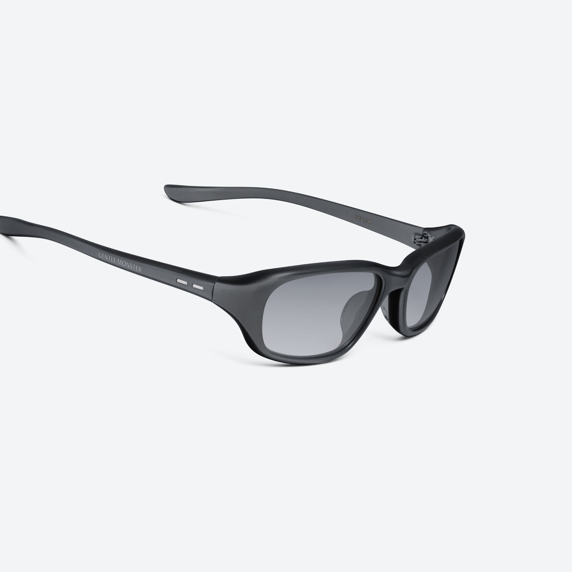 45-degree detailed view of Gentle Monster Hills G18 Gray Acetate framed Wraparound sunglasses.