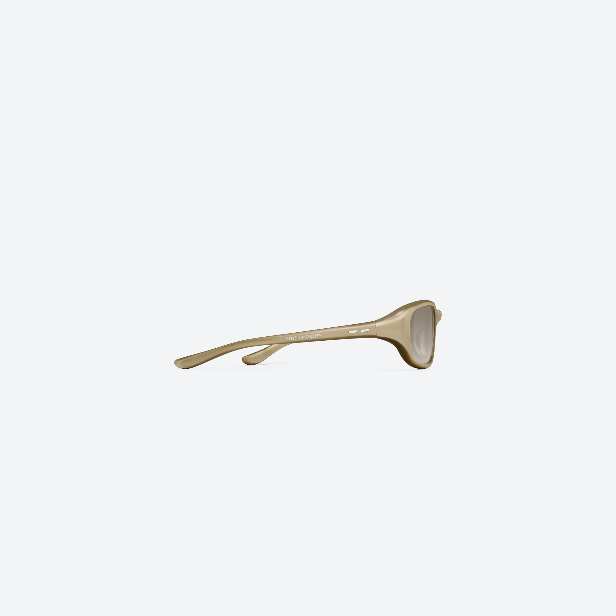A detailed right view of Gentle Monster Hills GDC2 Gold Acetate framed Wraparound sunglasses.