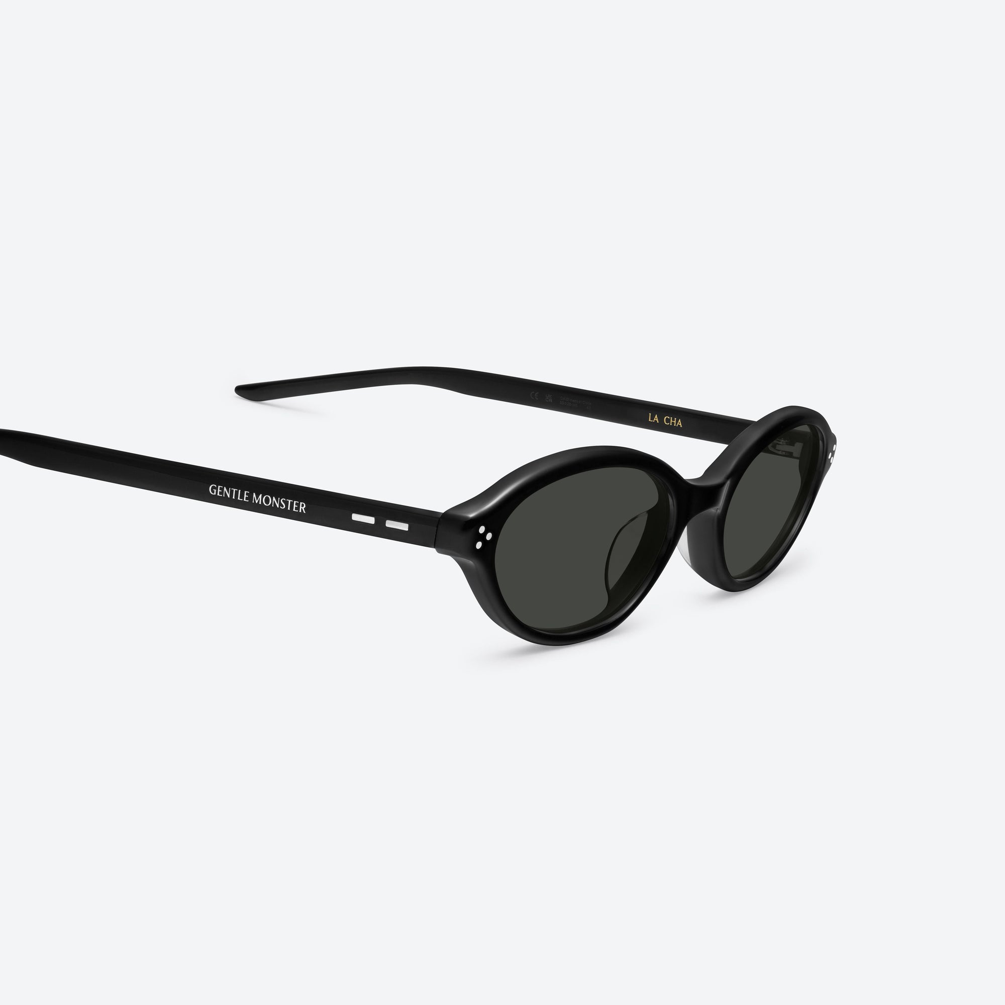 45-degree detailed view of Gentle Monster La Cha 01 Black Acetate framed Round sunglasses.