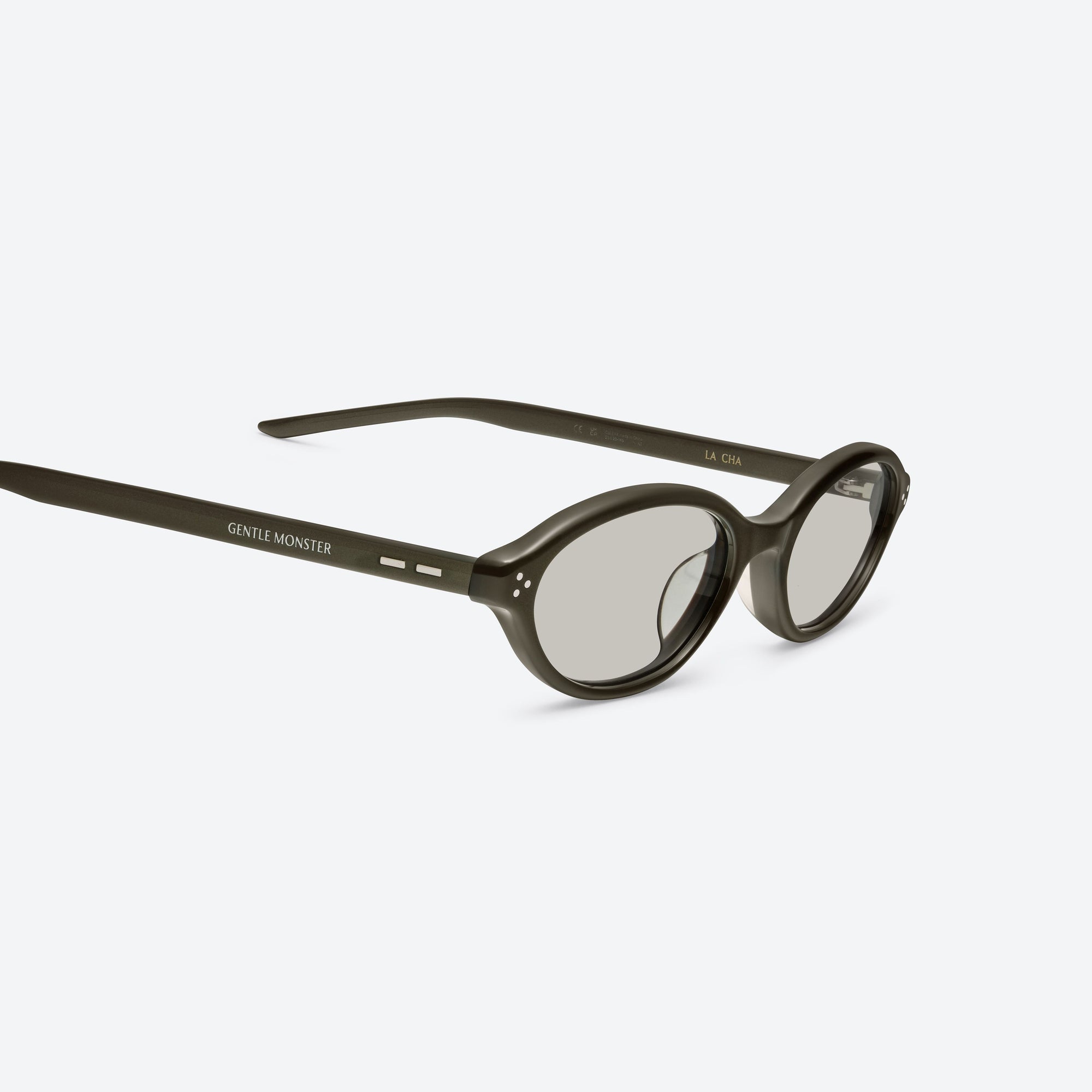 45-degree detailed view of Gentle Monster La Cha BR4 Brown Acetate framed Round sunglasses.