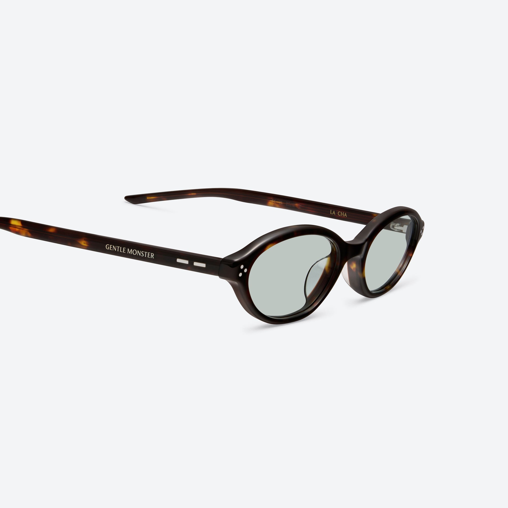 45-degree detailed view of Gentle Monster La Cha T1 Tortoise Acetate framed Round sunglasses.