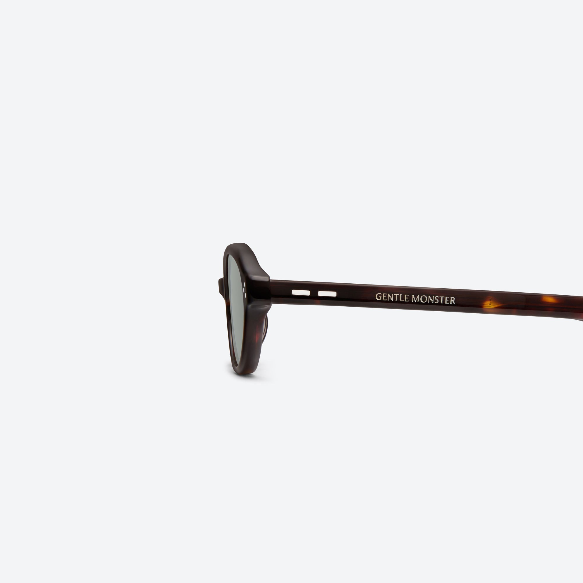 A detailed left view of Gentle Monster La Cha T1 Tortoise Acetate framed Round sunglasses.