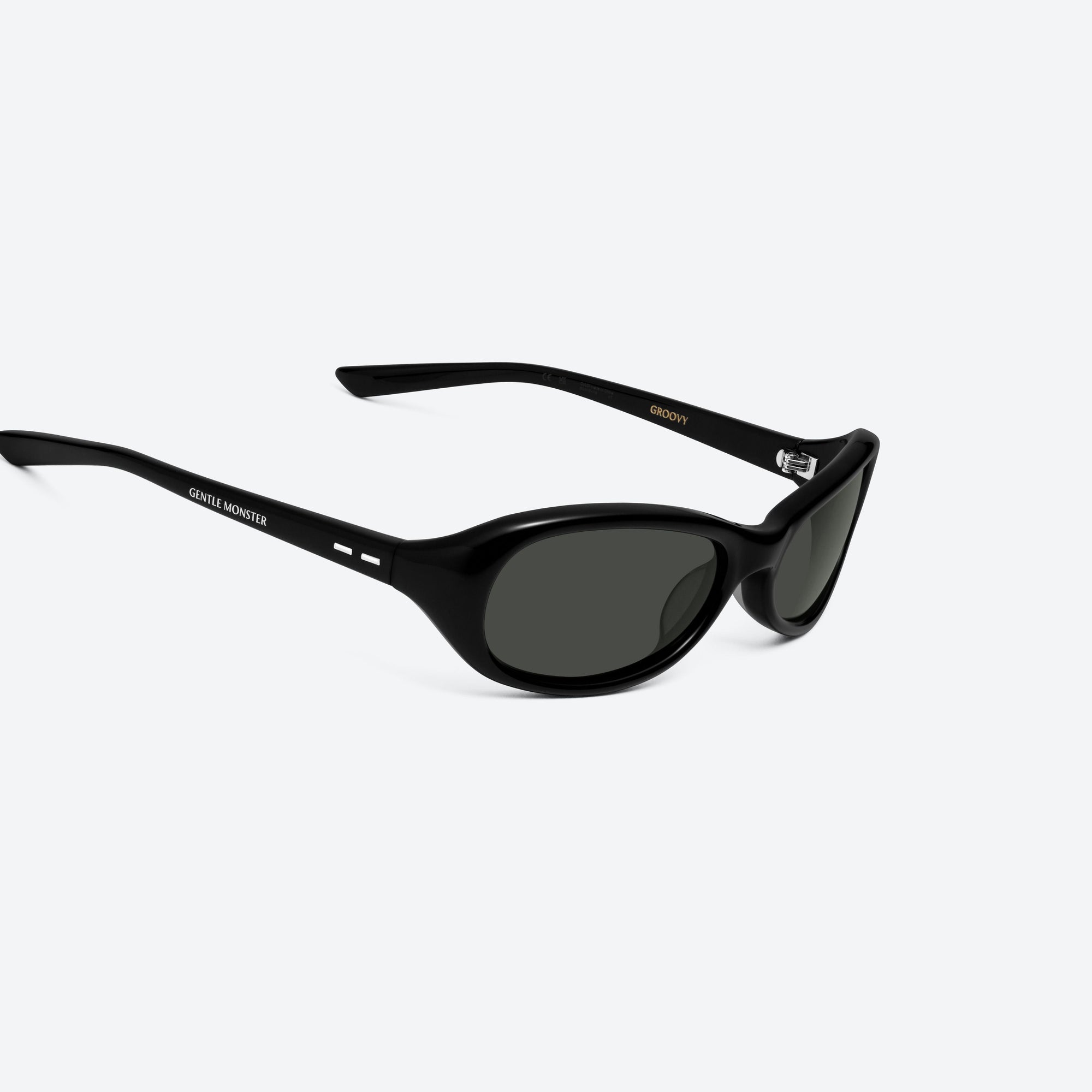45-degree detailed view of Gentle Monster Groovy 01 Black Acetate framed Wraparound sunglasses.