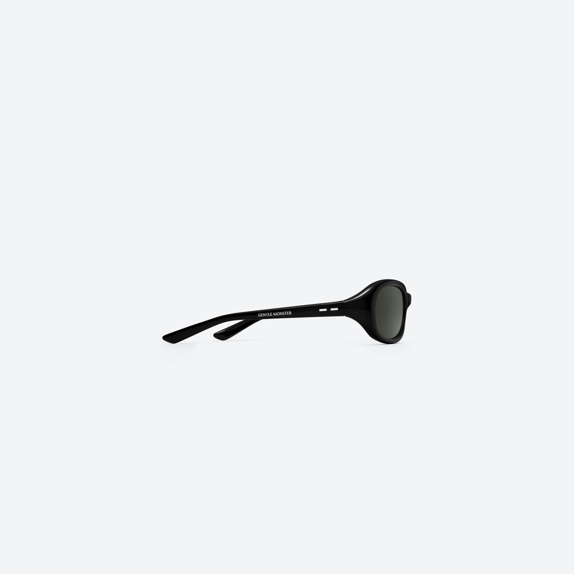 A detailed right view of Gentle Monster Groovy 01 Black Acetate framed Wraparound sunglasses.