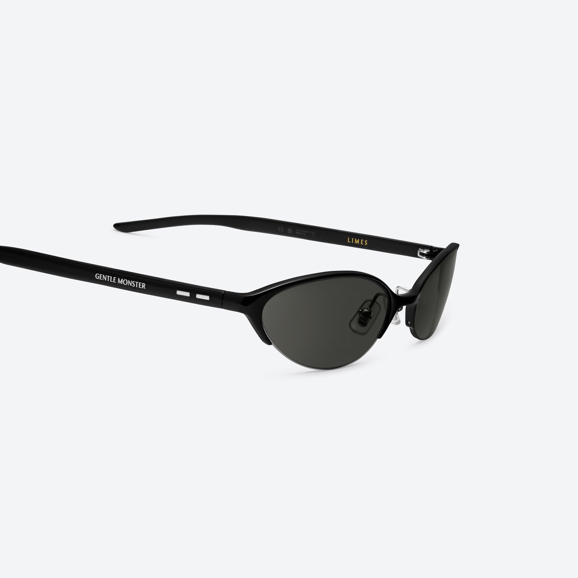 45-degree detailed view of Gentle Monster Limes 01 Black Mixed framed Cat-eye sunglasses.
