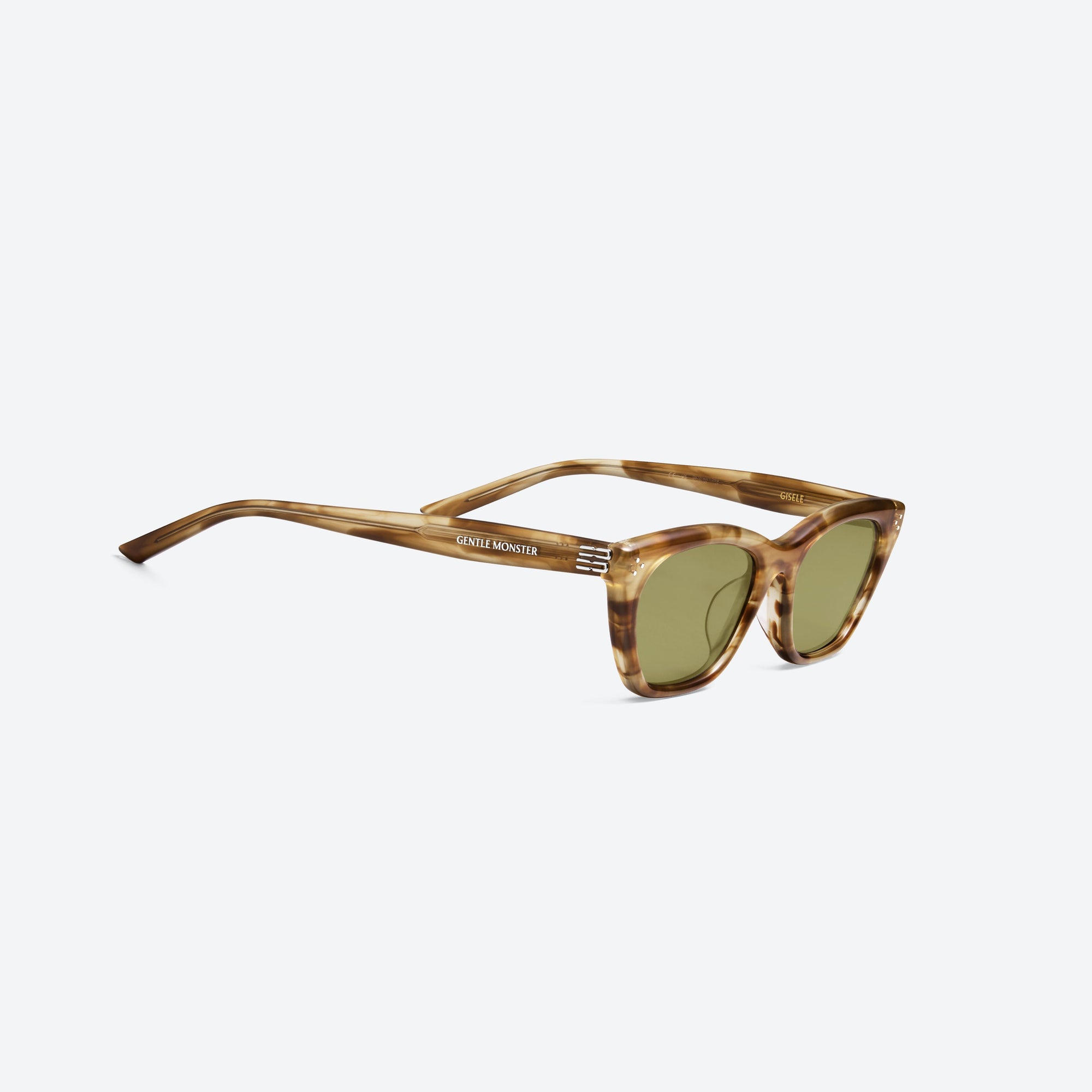 45-degree detailed view of Gentle Monster Gisele T8 Tortoise Acetate framed Cat-eye sunglasses.