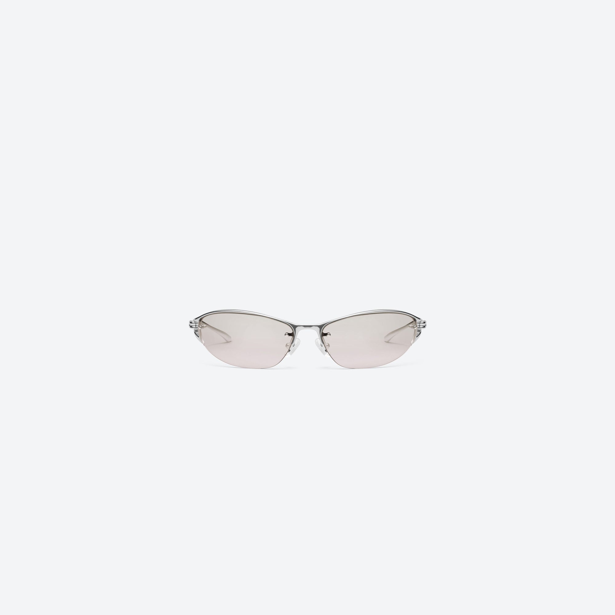 A front view of Gentle Monster Futura 02(BRG) Silver Metal framed Wraparound sunglasses.
