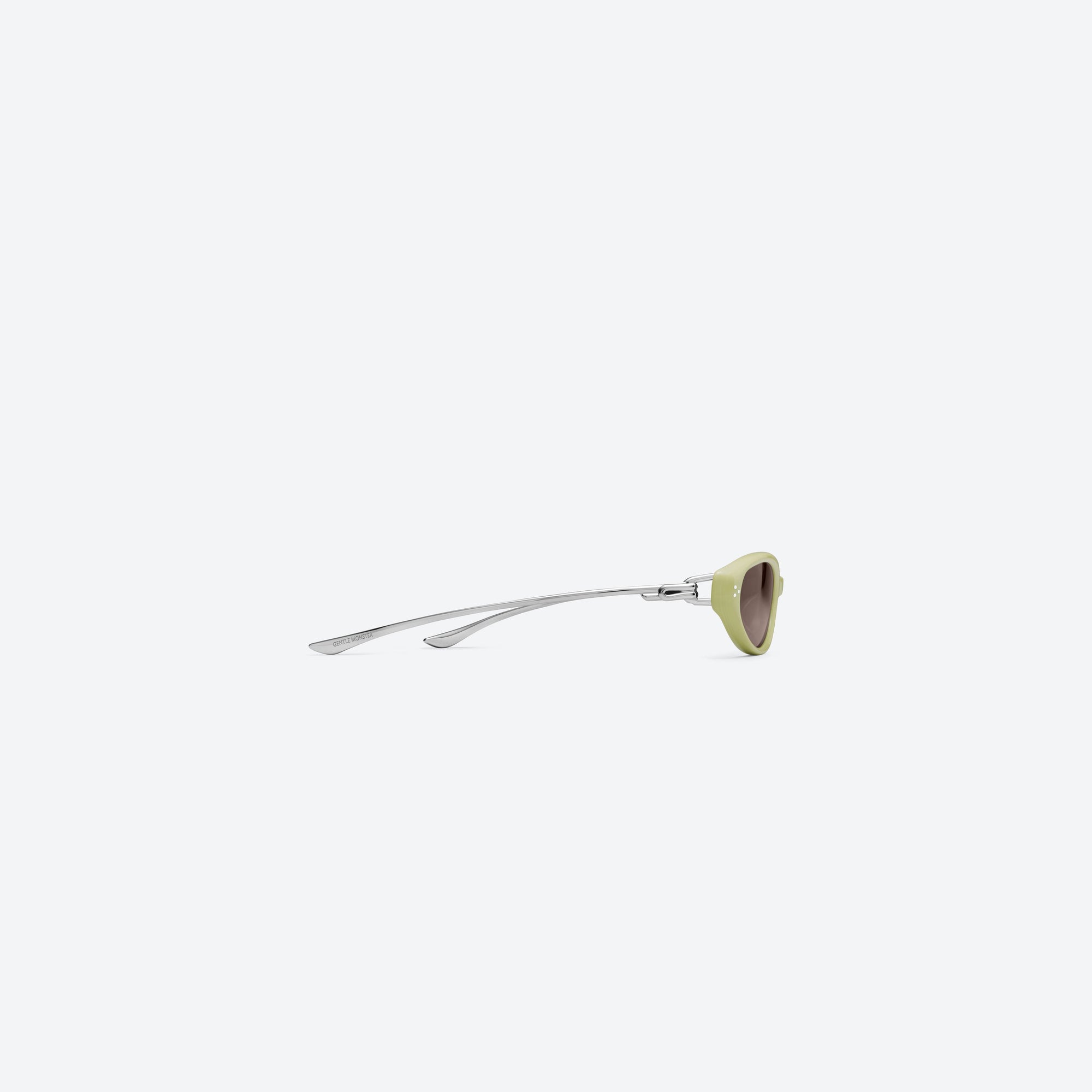 A detailed right view of Gentle Monster Crepe GR9 Green Mixed framed Cat-eye sunglasses.