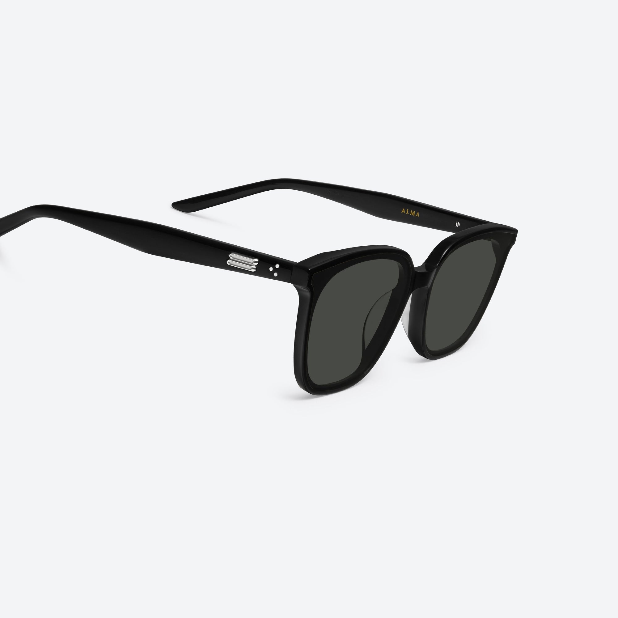 45-degree detailed view of Gentle Monster Alma 01 Black Acetate framed Square sunglasses.