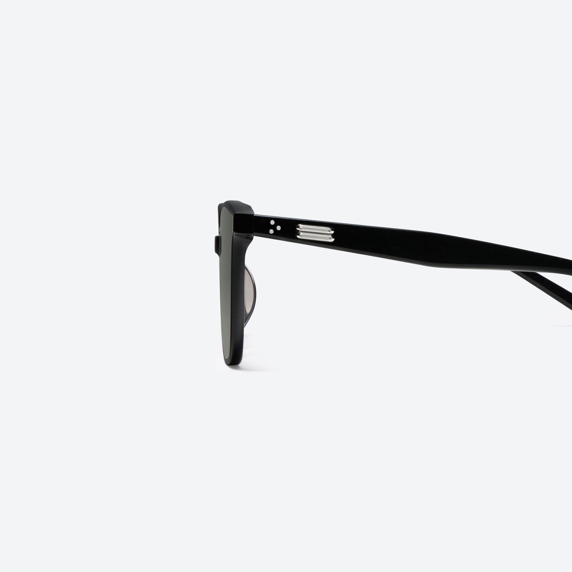 A detailed left view of Gentle Monster Alma 01 Black Acetate framed Square sunglasses.