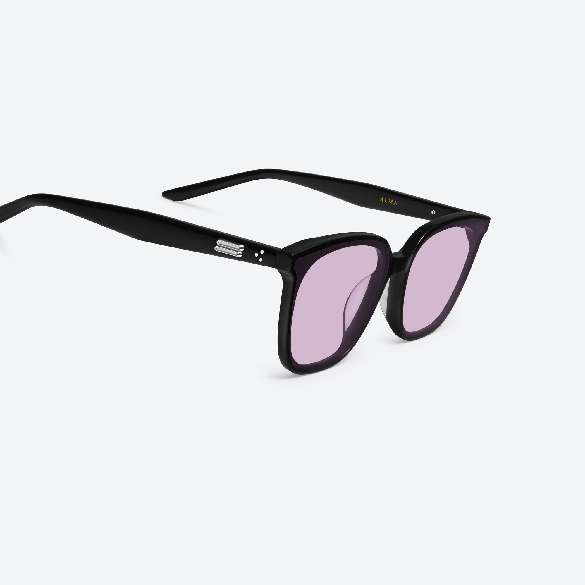 45-degree detailed view of Gentle Monster Alma 01(V) Black Acetate framed Square sunglasses.