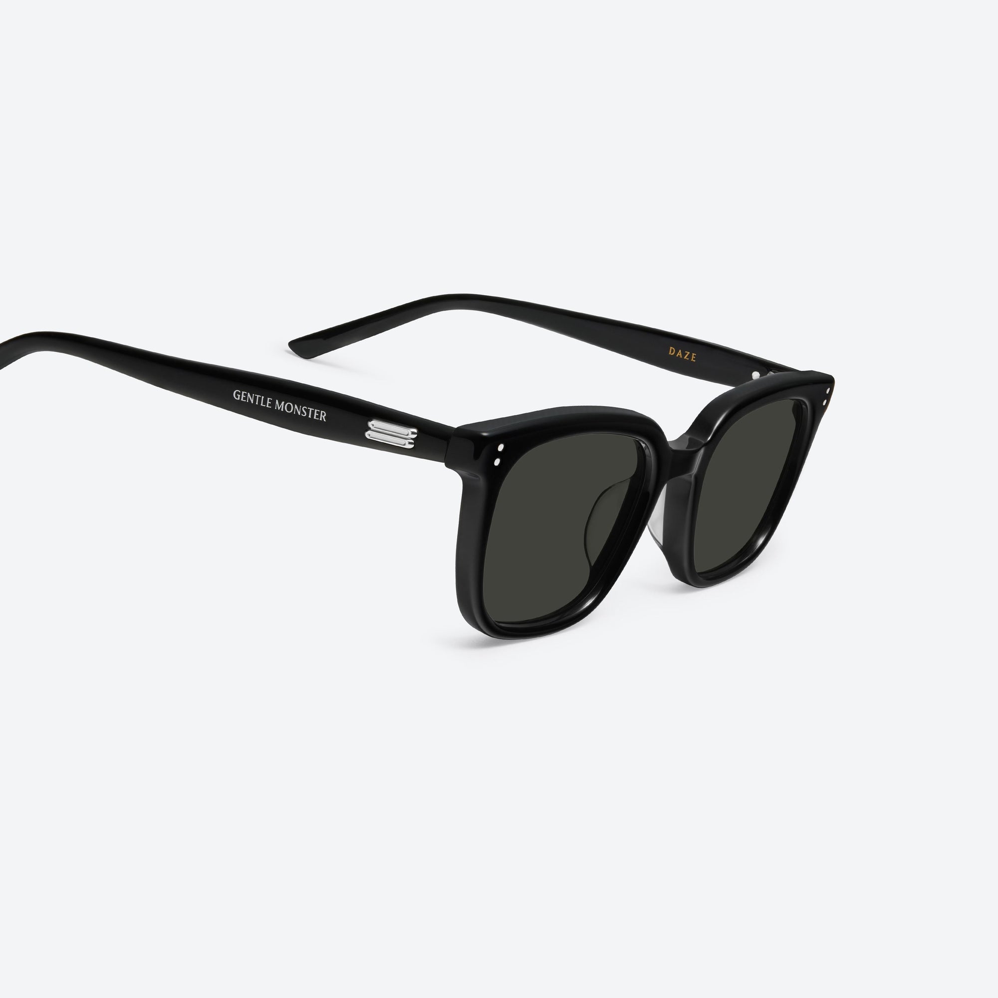 45-degree detailed view of Gentle Monster Daze 01 Black Acetate framed Square sunglasses.