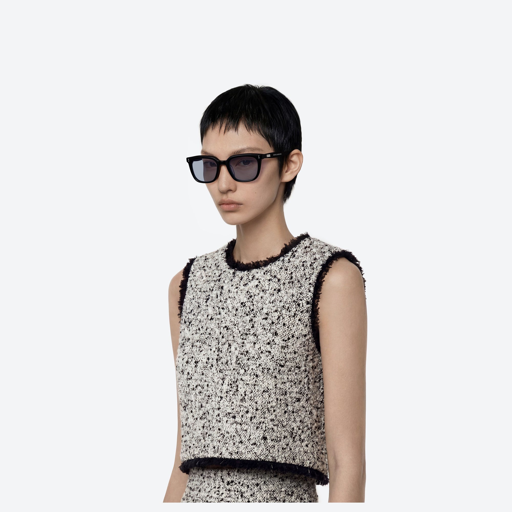 Model wearing the Daze 01(BL) Black Acetate framed Square sunglasses.
