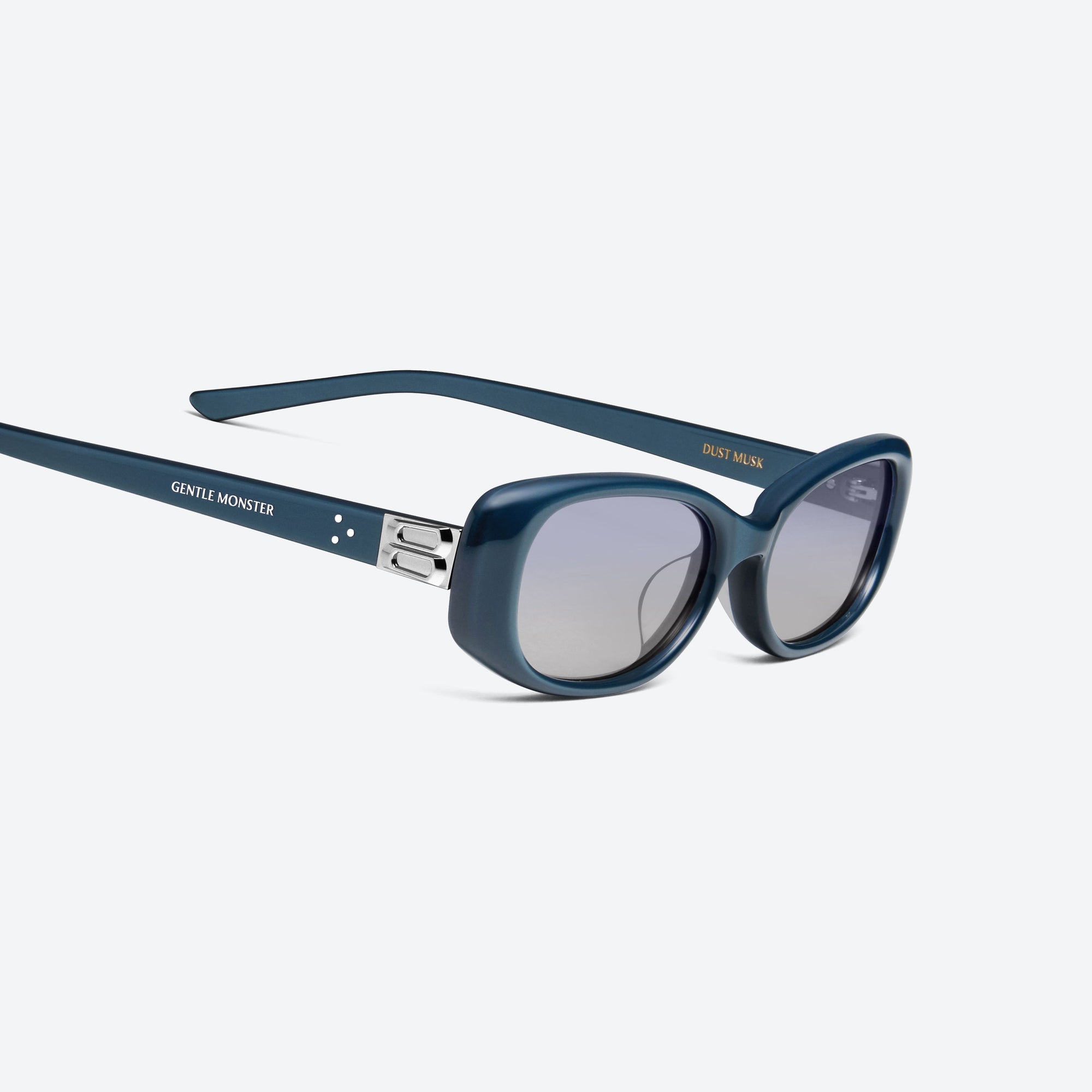 45-degree detailed view of Gentle Monster Dust Musk BL9 Blue Acetate framed Square sunglasses.