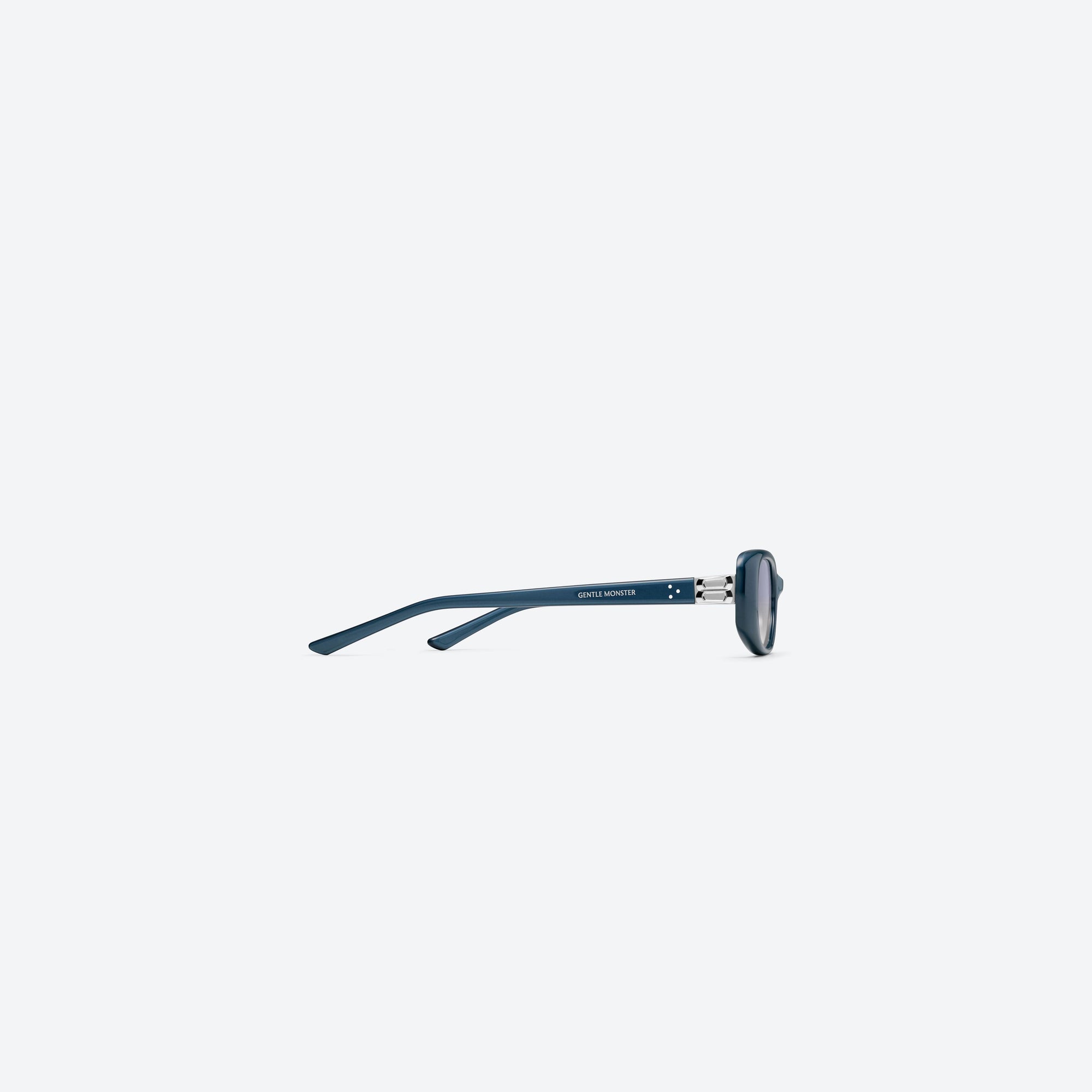 A detailed right view of Gentle Monster Dust Musk BL9 Blue Acetate framed Square sunglasses.