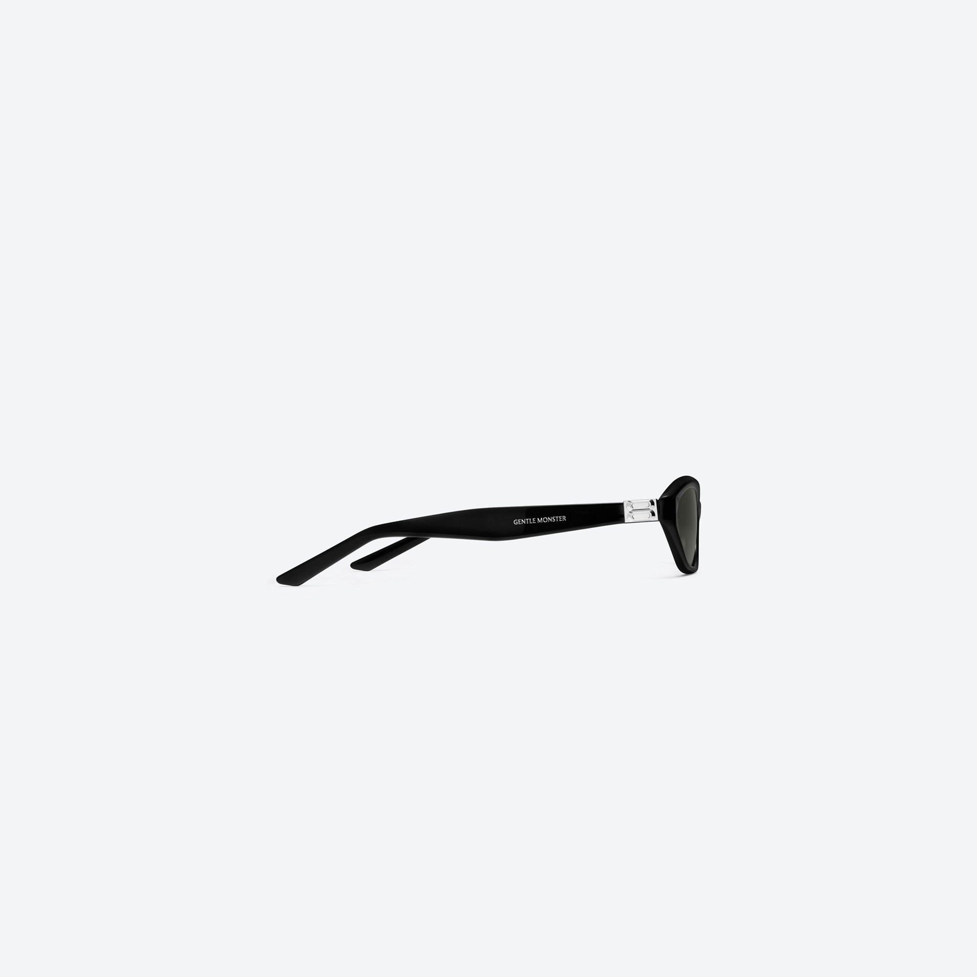 A detailed right view of Gentle Monster Lamda 01 Black Acetate framed Cat-eye sunglasses.