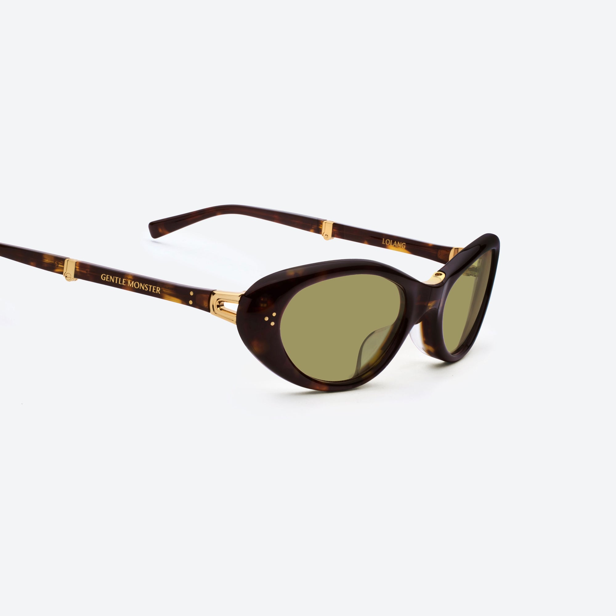 45-degree detailed view of Gentle Monster Lolang T1(GR) Tortoise Acetate framed Oval sunglasses.