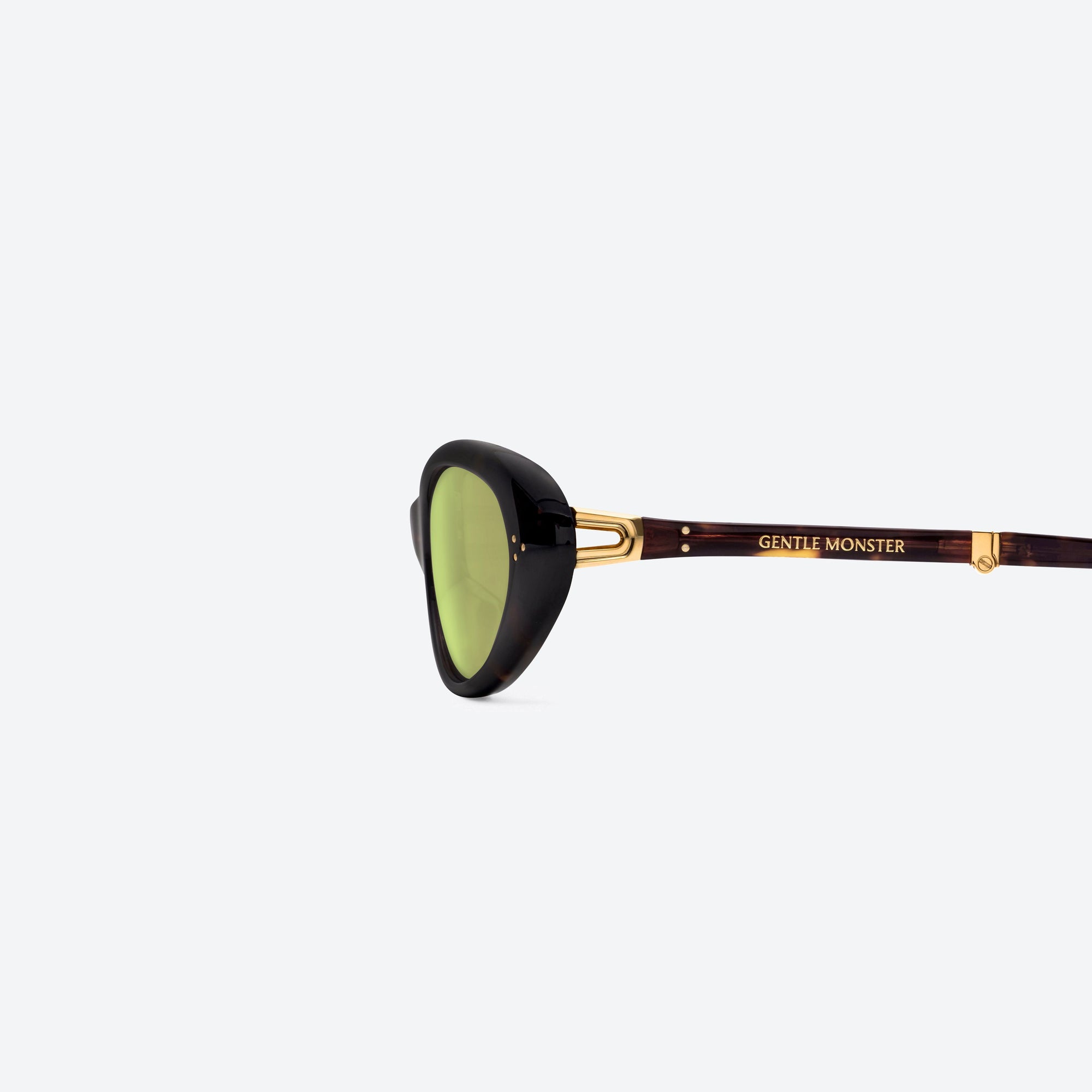 A detailed left view of Gentle Monster Lolang T1(GR) Tortoise Acetate framed Oval sunglasses.