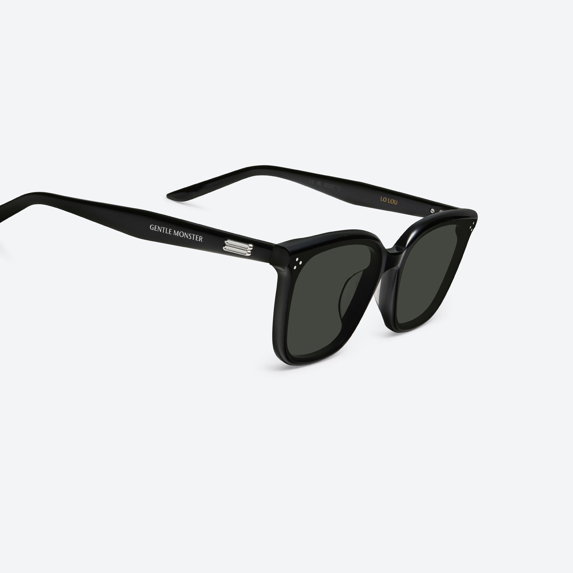 45-degree detailed view of Gentle Monster Lo Lou 01 Black Acetate framed Square sunglasses.