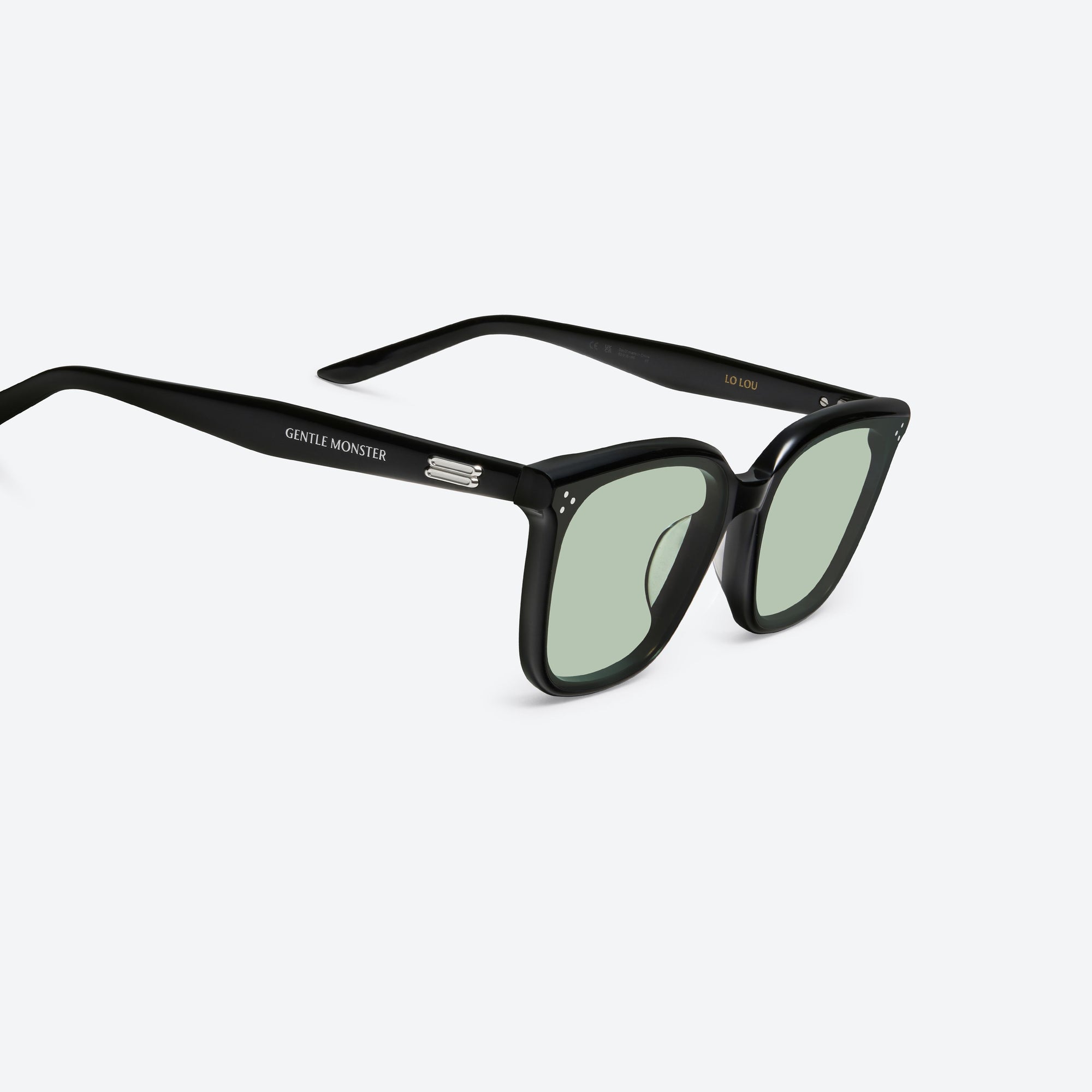 45-degree detailed view of Gentle Monster Lo Lou 01(GR) Black Acetate framed Square sunglasses.