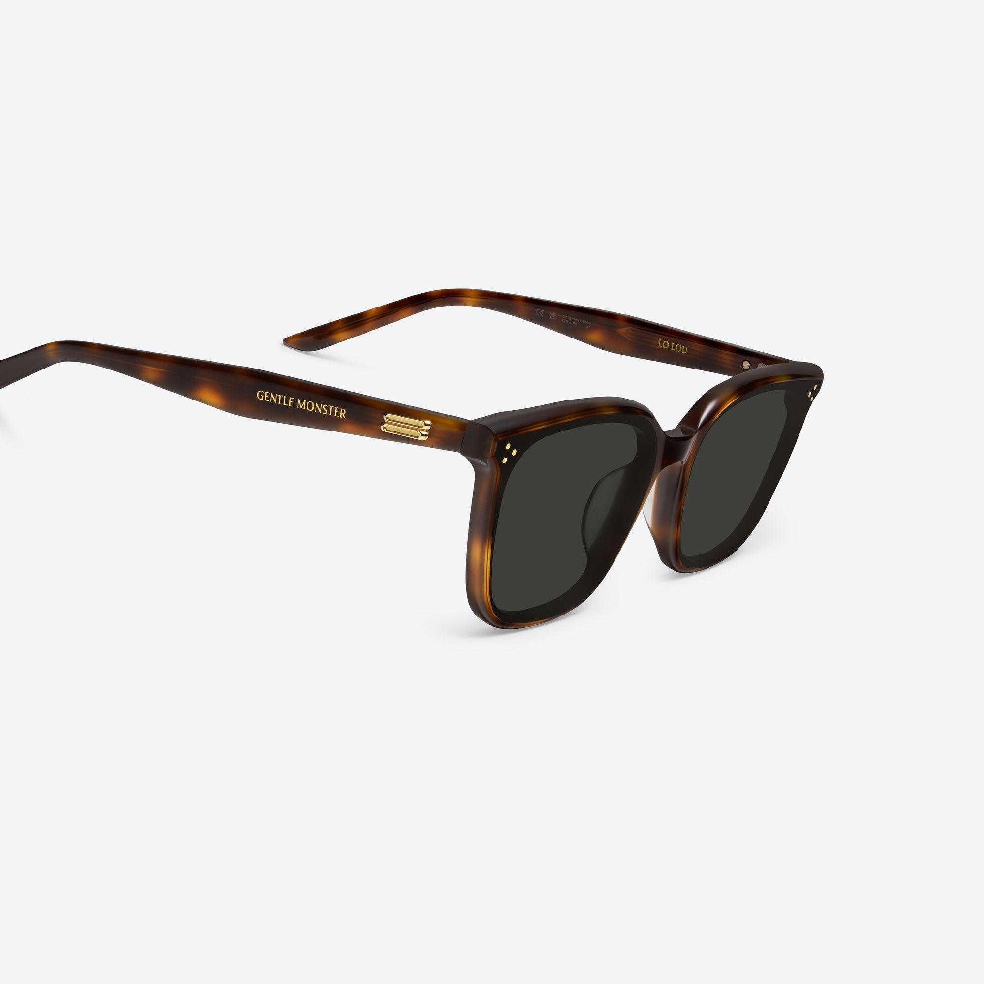 45-degree detailed view of Gentle Monster Lo Lou L2 Tortoise Acetate framed Square sunglasses.