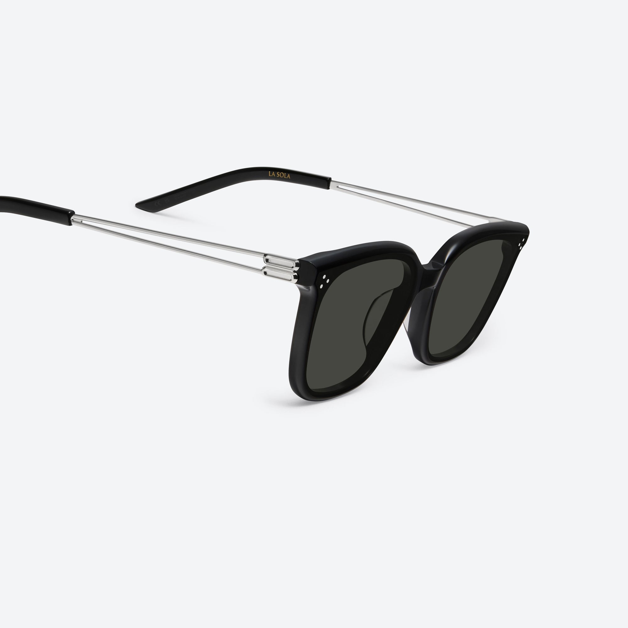 45-degree detailed view of Gentle Monster La Sola 01 Black Mixed framed Square sunglasses.