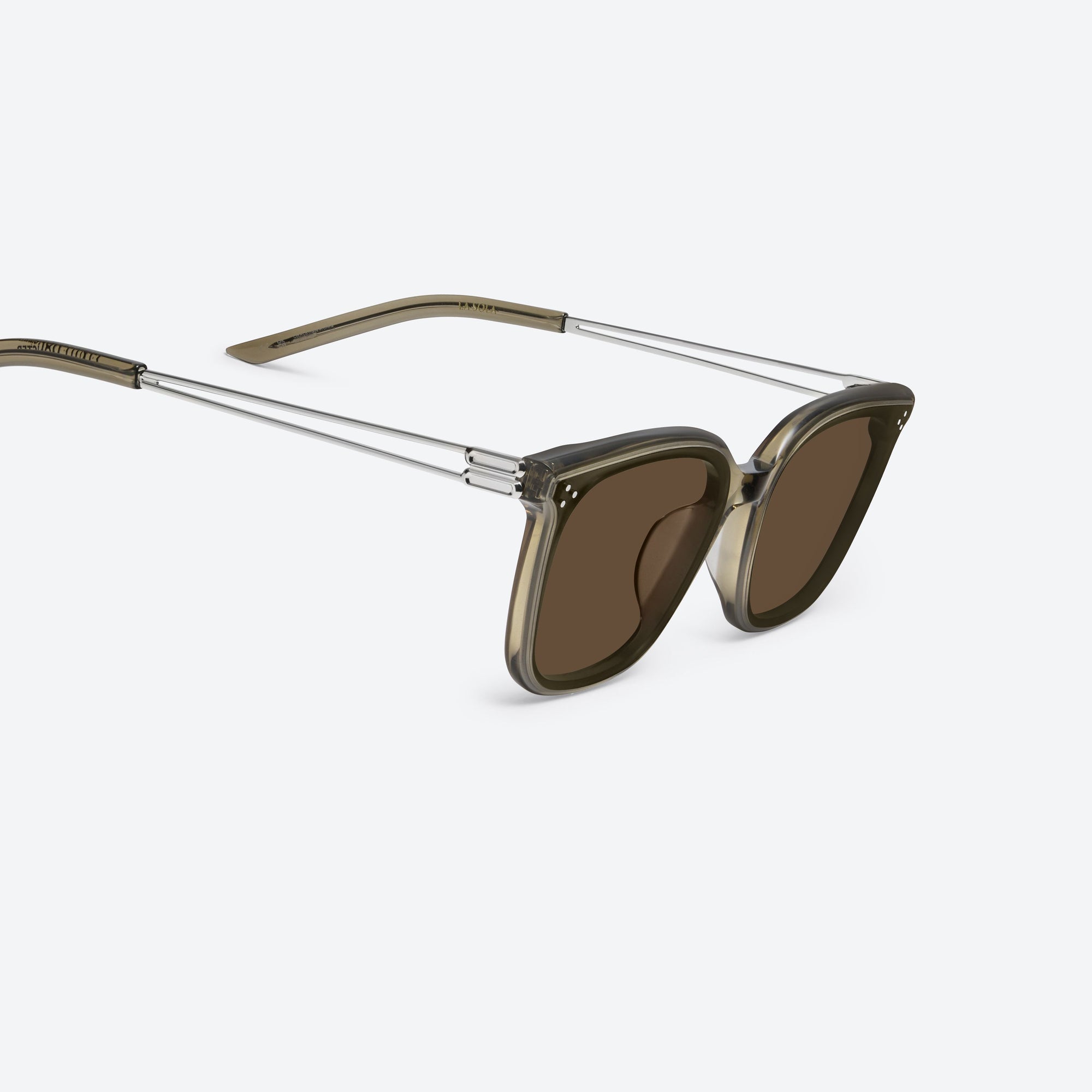 45-degree detailed view of Gentle Monster La Sola KC6 Green Mixed framed Square sunglasses.