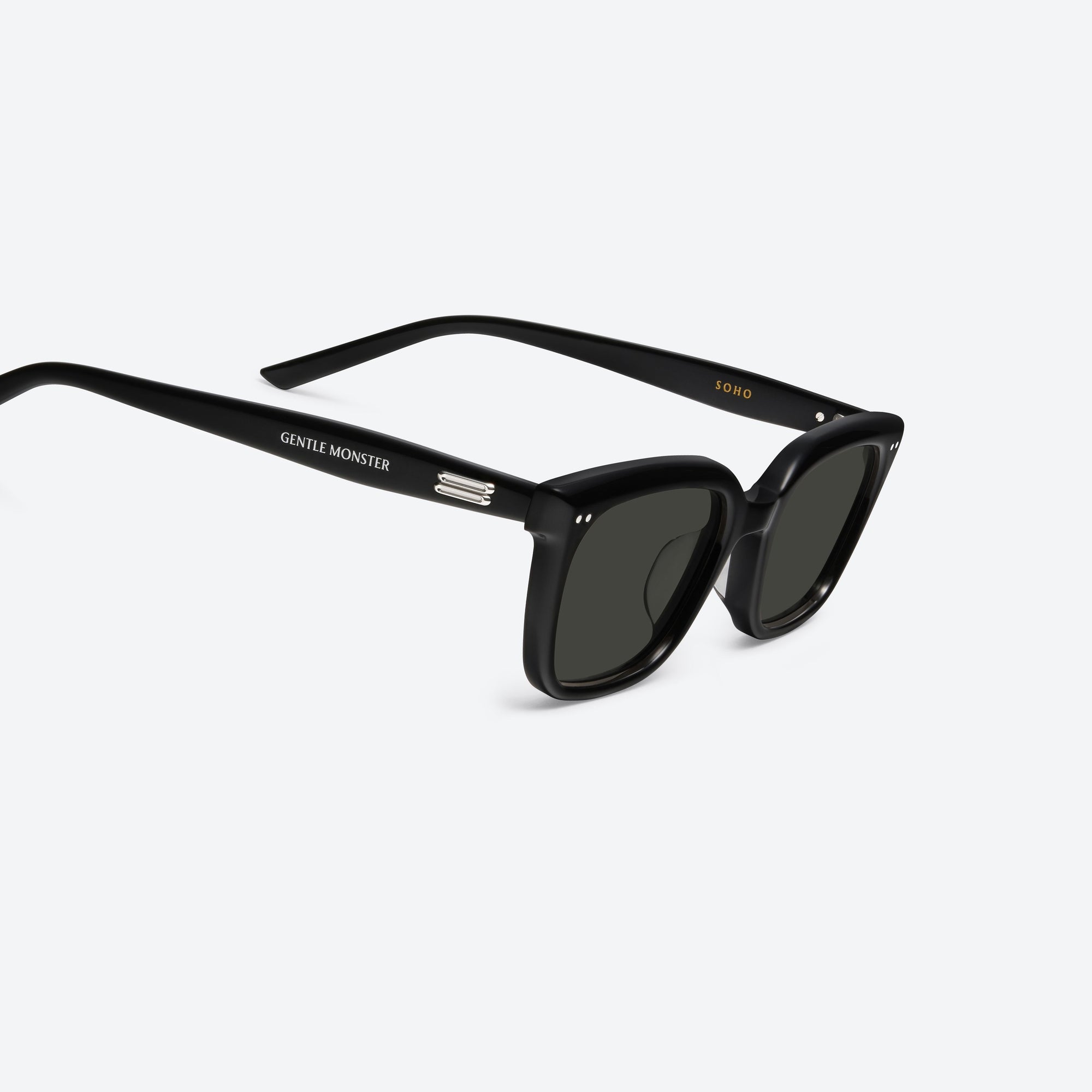 45-degree detailed view of Gentle Monster Soho 01 Black Acetate framed Square sunglasses.