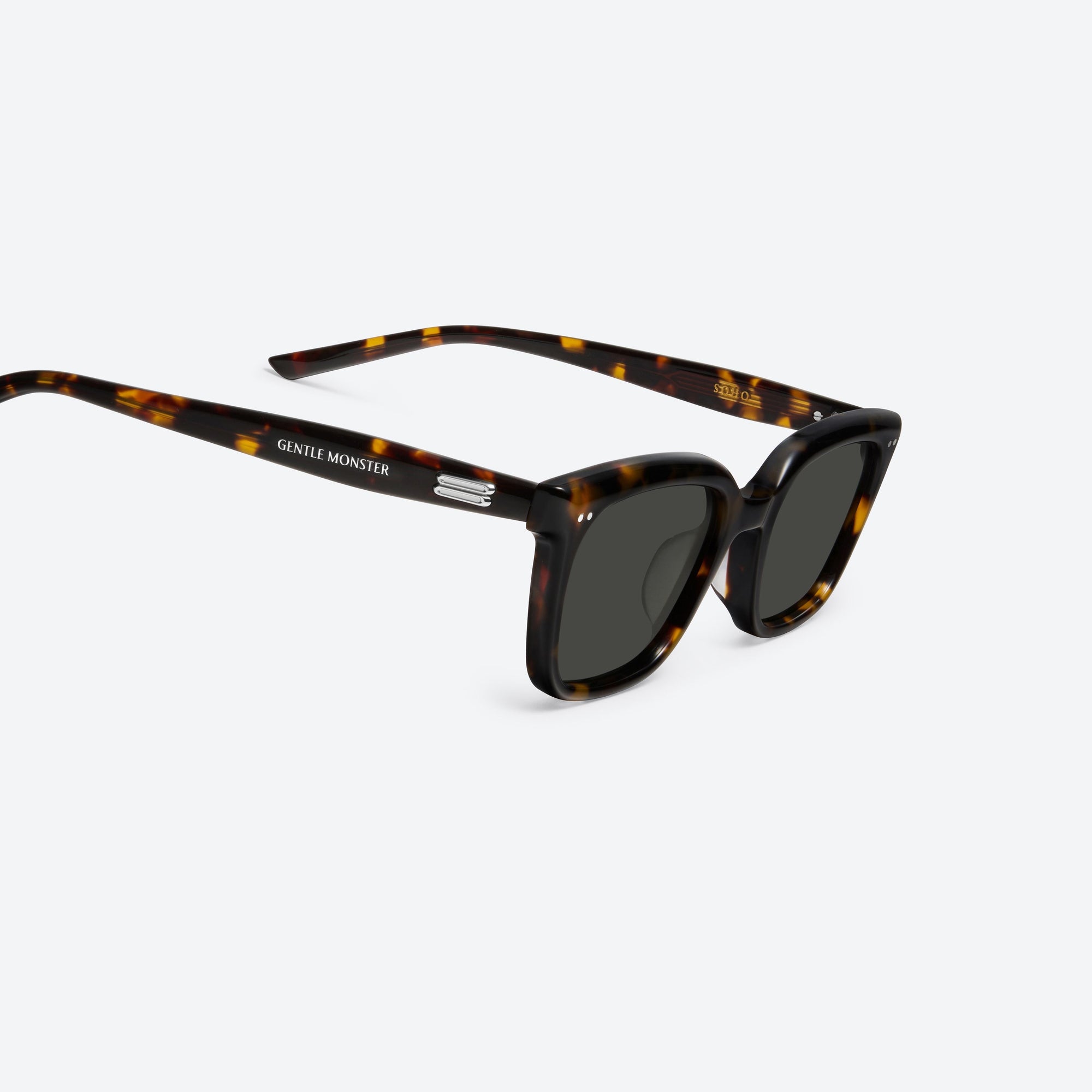 45-degree detailed view of Gentle Monster Soho T1 Tortoise Acetate framed Square sunglasses.