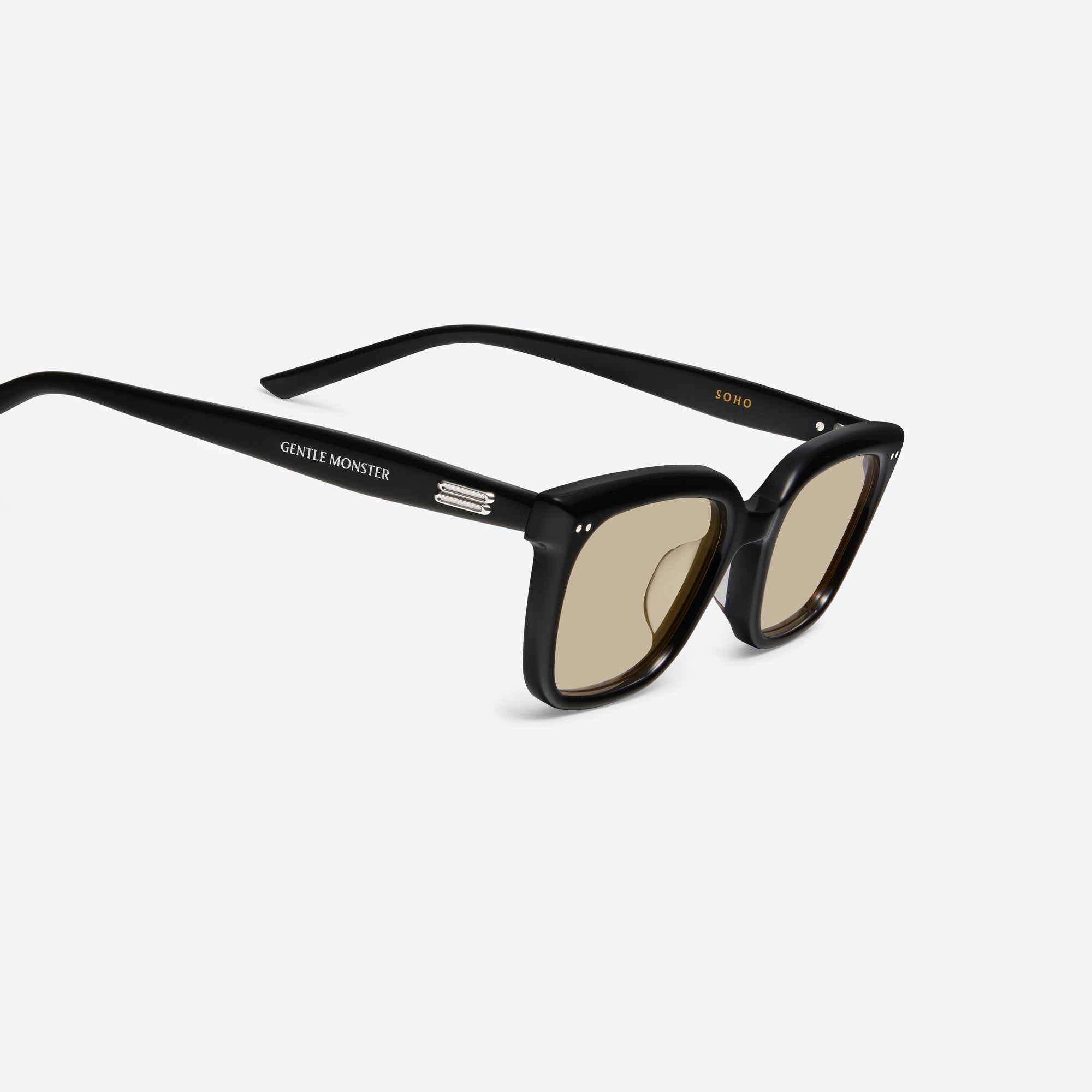45-degree detailed view of Gentle Monster Soho 01(BR) Black Acetate framed Square sunglasses.