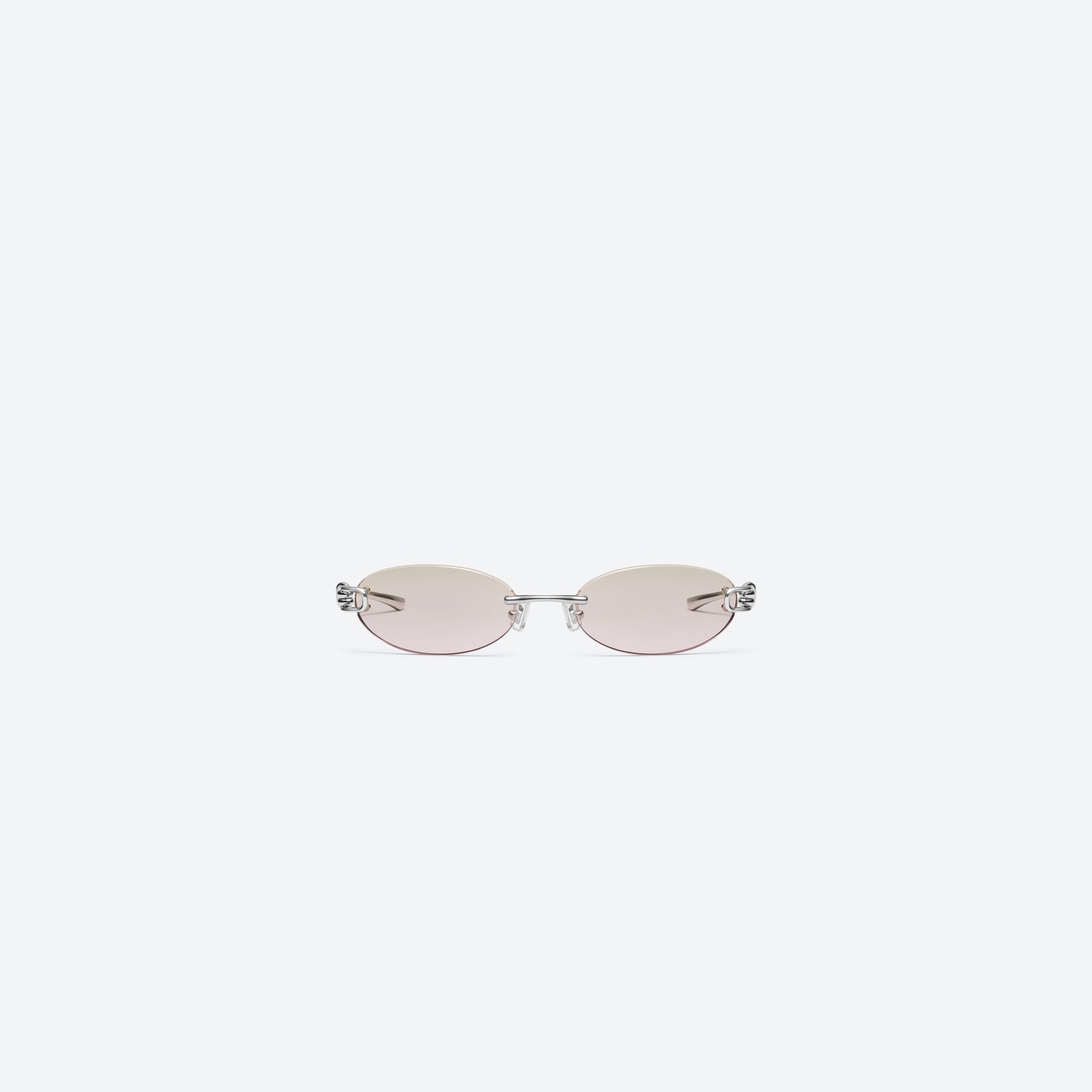 A front view of Gentle Monster Musubi 02(BRG) Silver Metal framed Oval sunglasses.