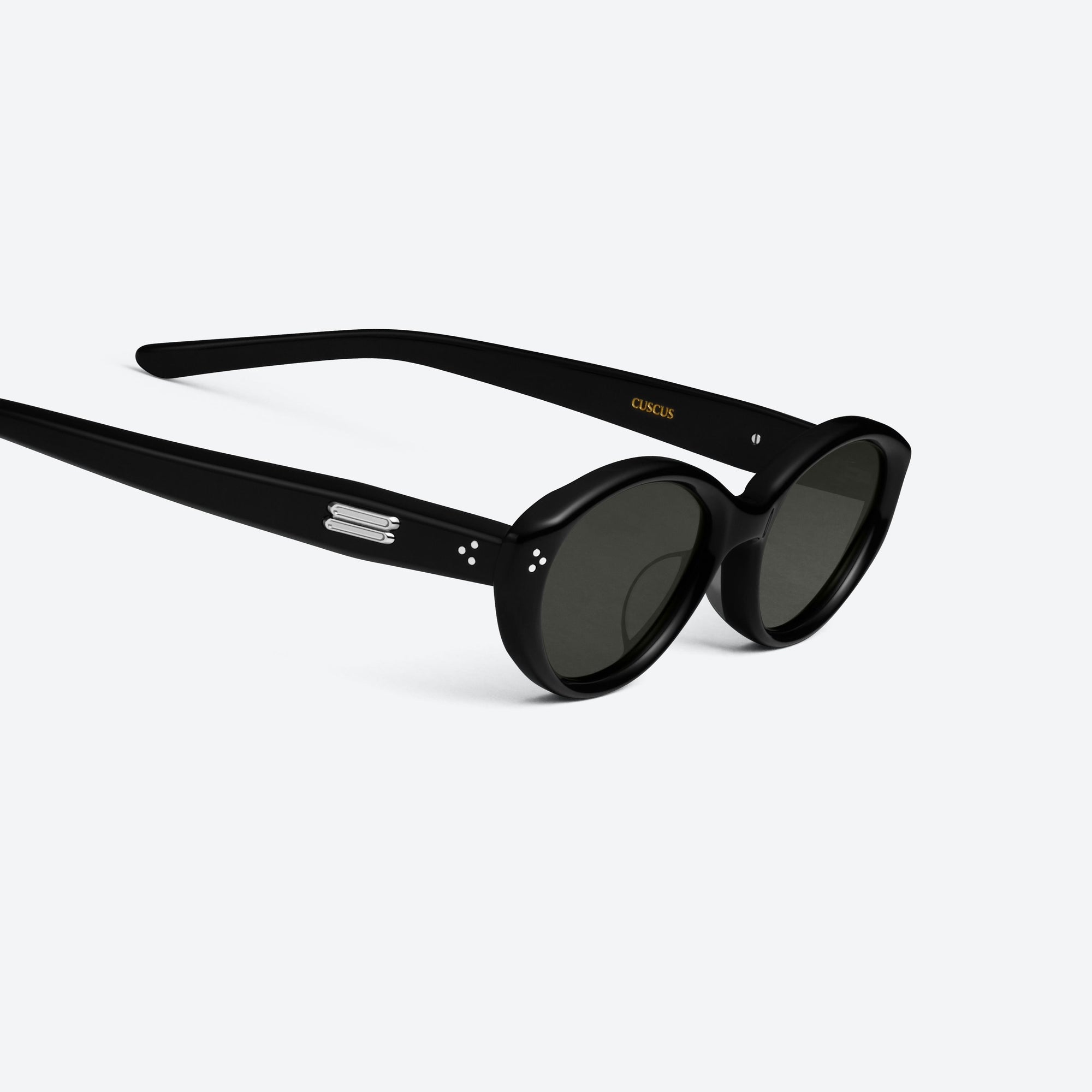 45-degree detailed view of Gentle Monster Cuscus 01 Black Acetate framed Oval sunglasses.