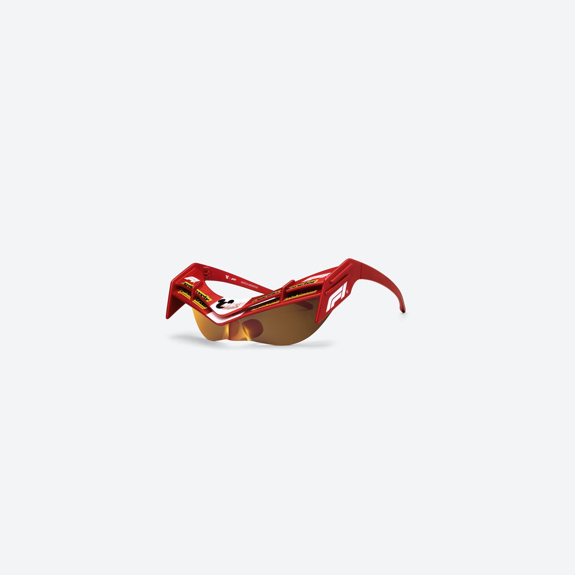 45-degree view of Gentle Monster Disney F1 - Wing 4 R13 Red Nylon framed Wraparound sunglasses.