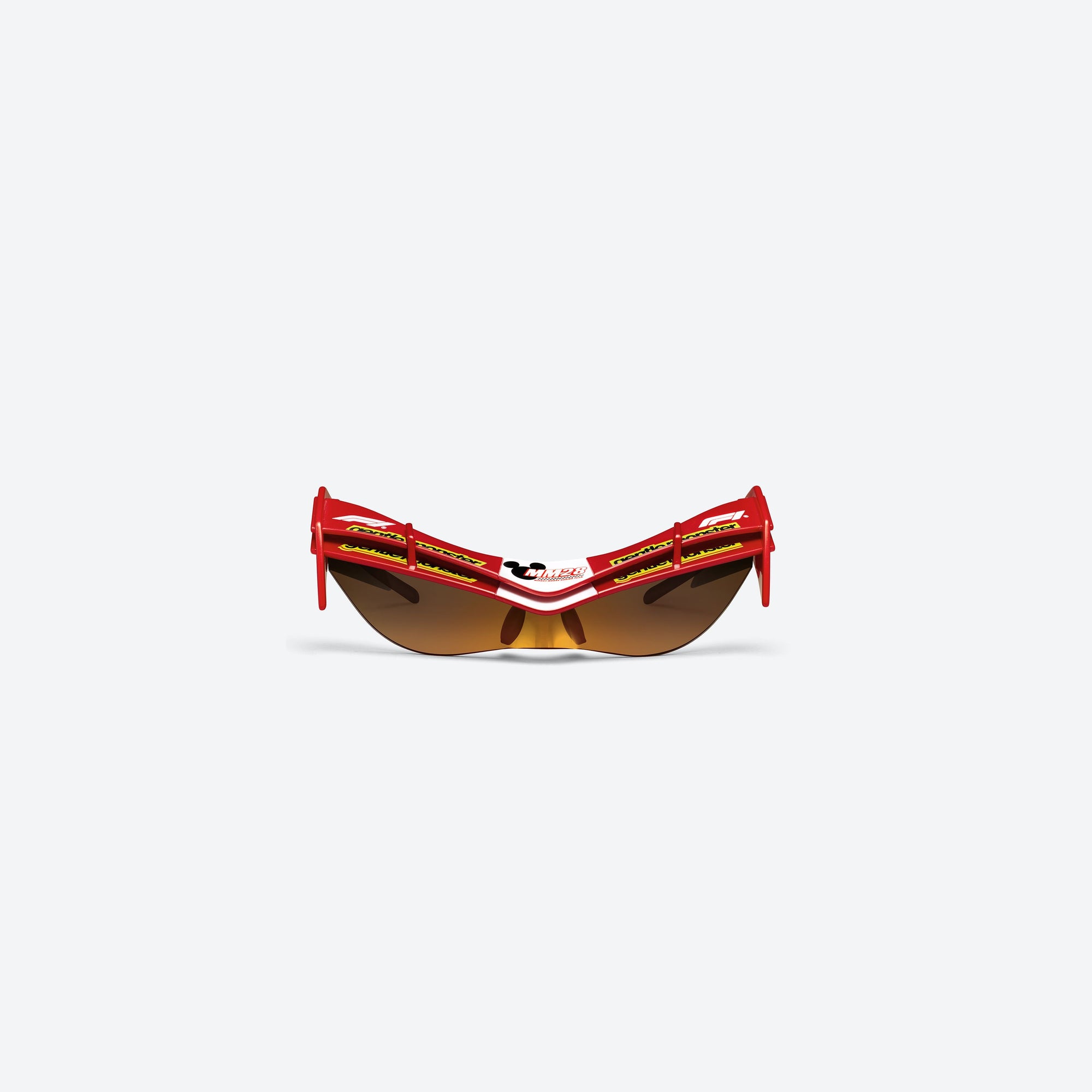 A front view of Gentle Monster Disney F1 - Wing 4 R13 Red Nylon framed Wraparound sunglasses.
