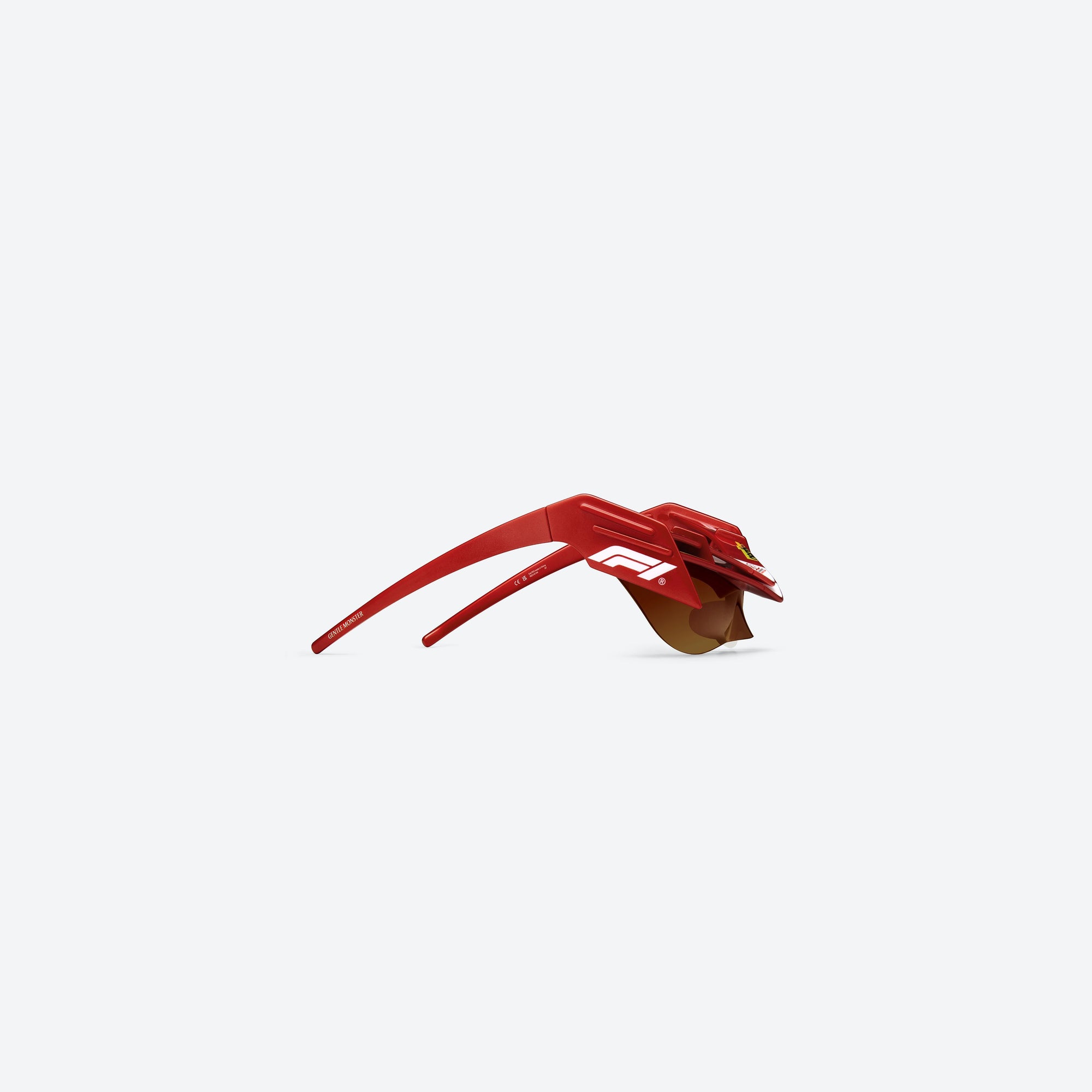 A detailed right view of Gentle Monster Disney F1 - Wing 4 R13 Red Nylon framed Wraparound sunglasses.