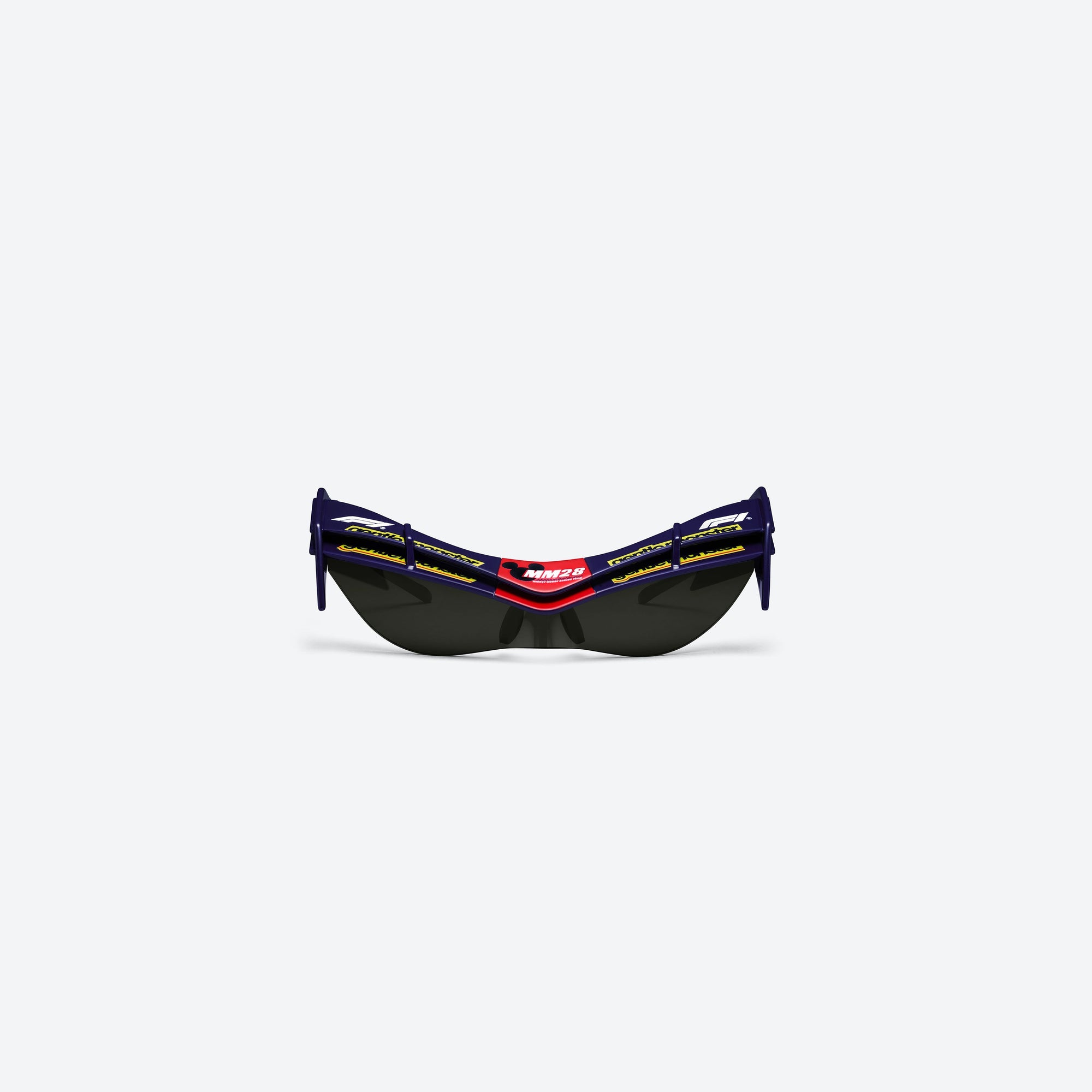 A front view of Gentle Monster Disney F1 - Wing 4 N8 Blue Nylon framed Wraparound sunglasses.
