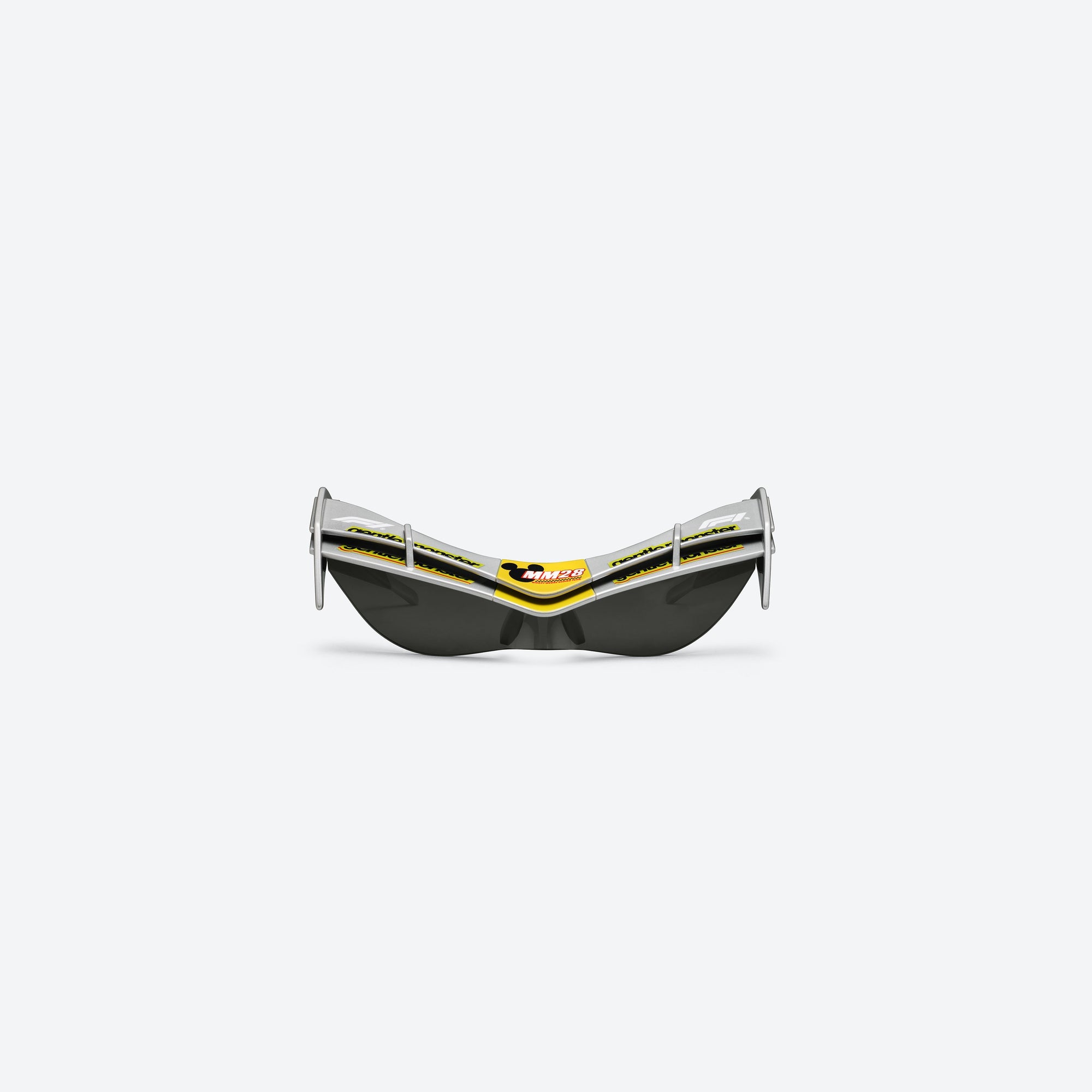 A front view of Gentle Monster Disney F1 - Wing 4 G21 Gray Nylon framed Wraparound sunglasses.