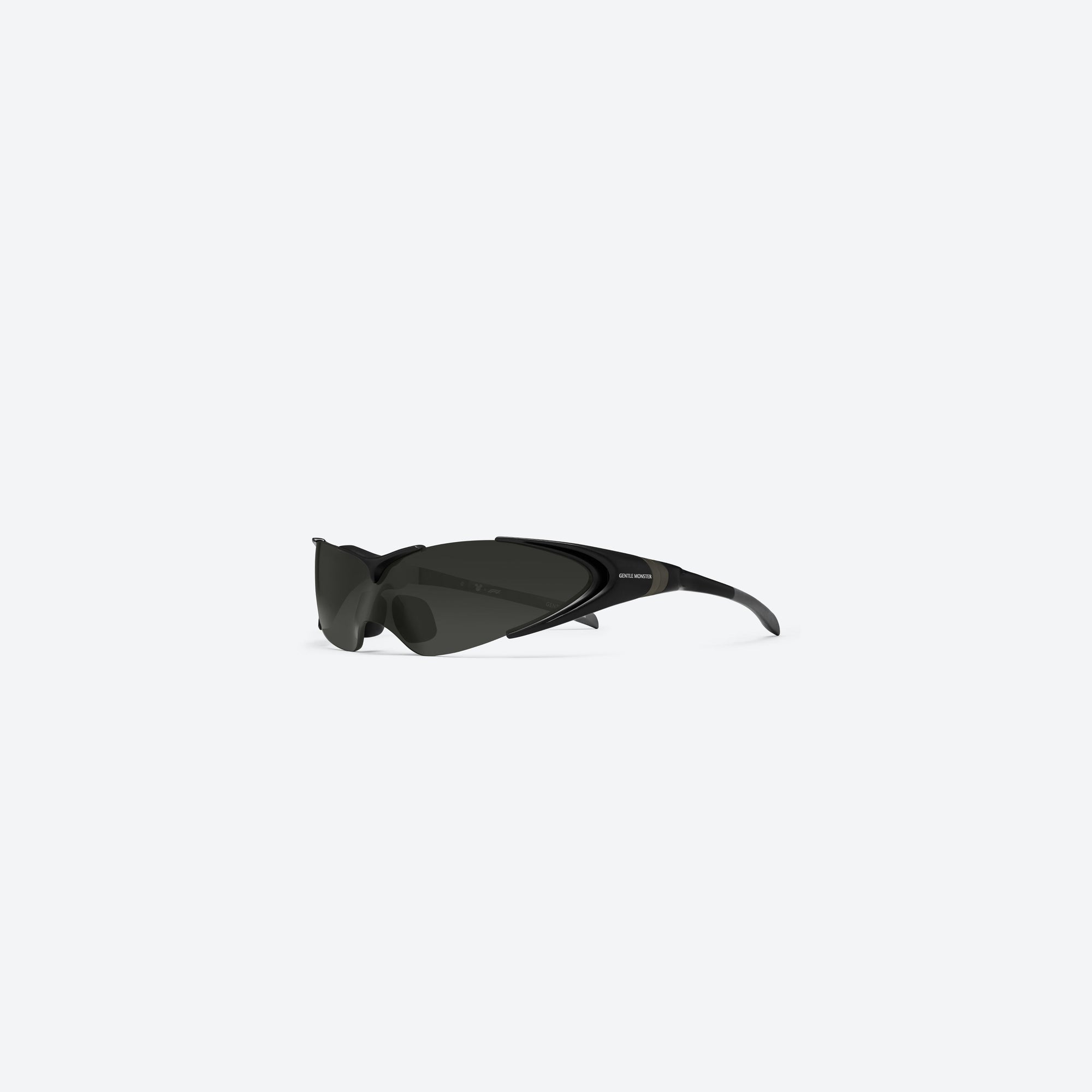 45-degree view of Gentle Monster Disney F1 - Aero M01 Black Nylon framed Wraparound sunglasses.