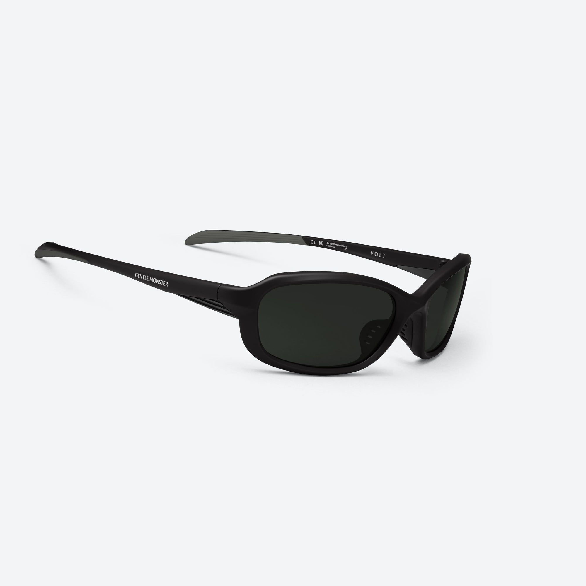 45-degree detailed view of Gentle Monster Volt M01 Black Nylon framed Wraparound sunglasses.
