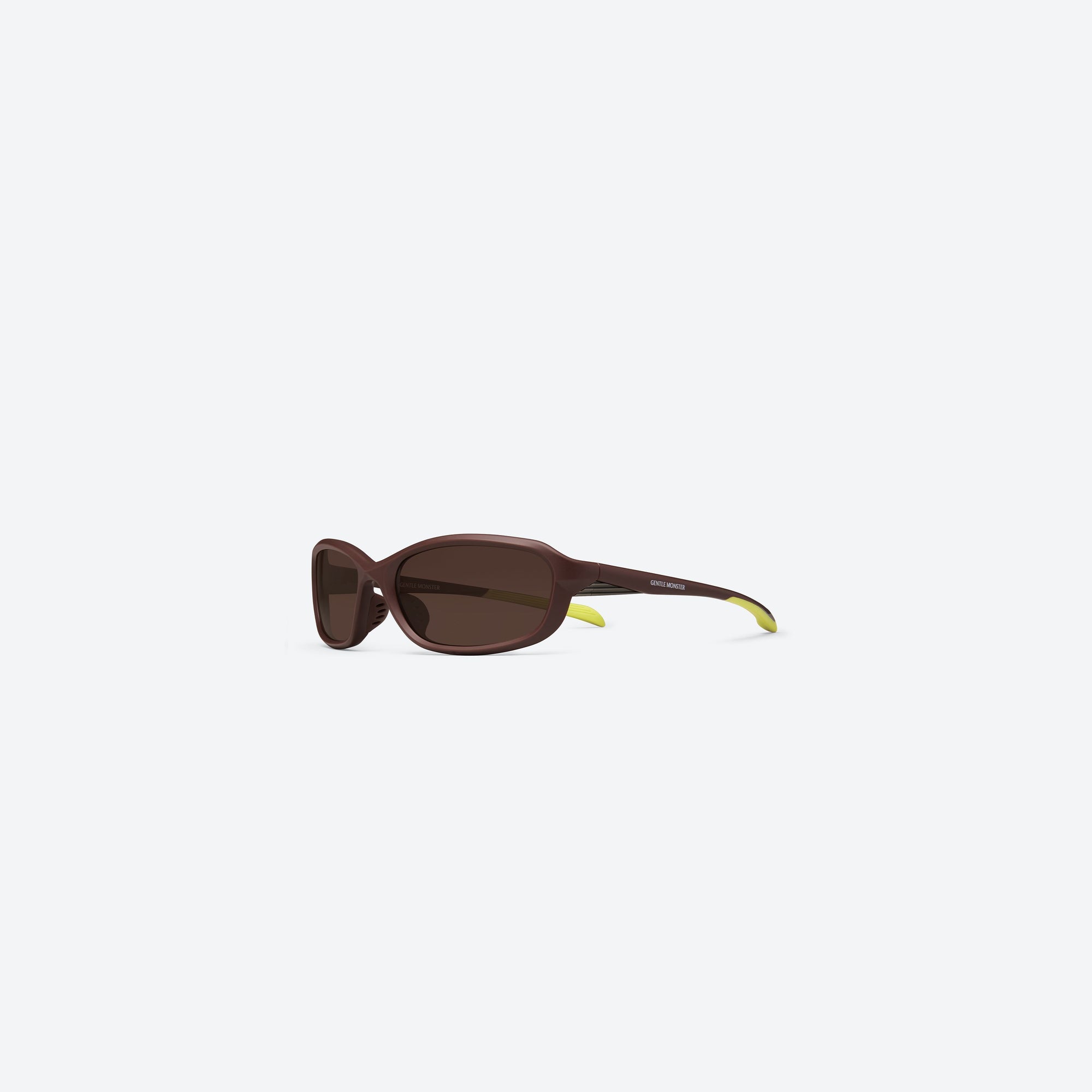45-degree view of Gentle Monster Volt MBR5 Brown Nylon framed Wraparound sunglasses.