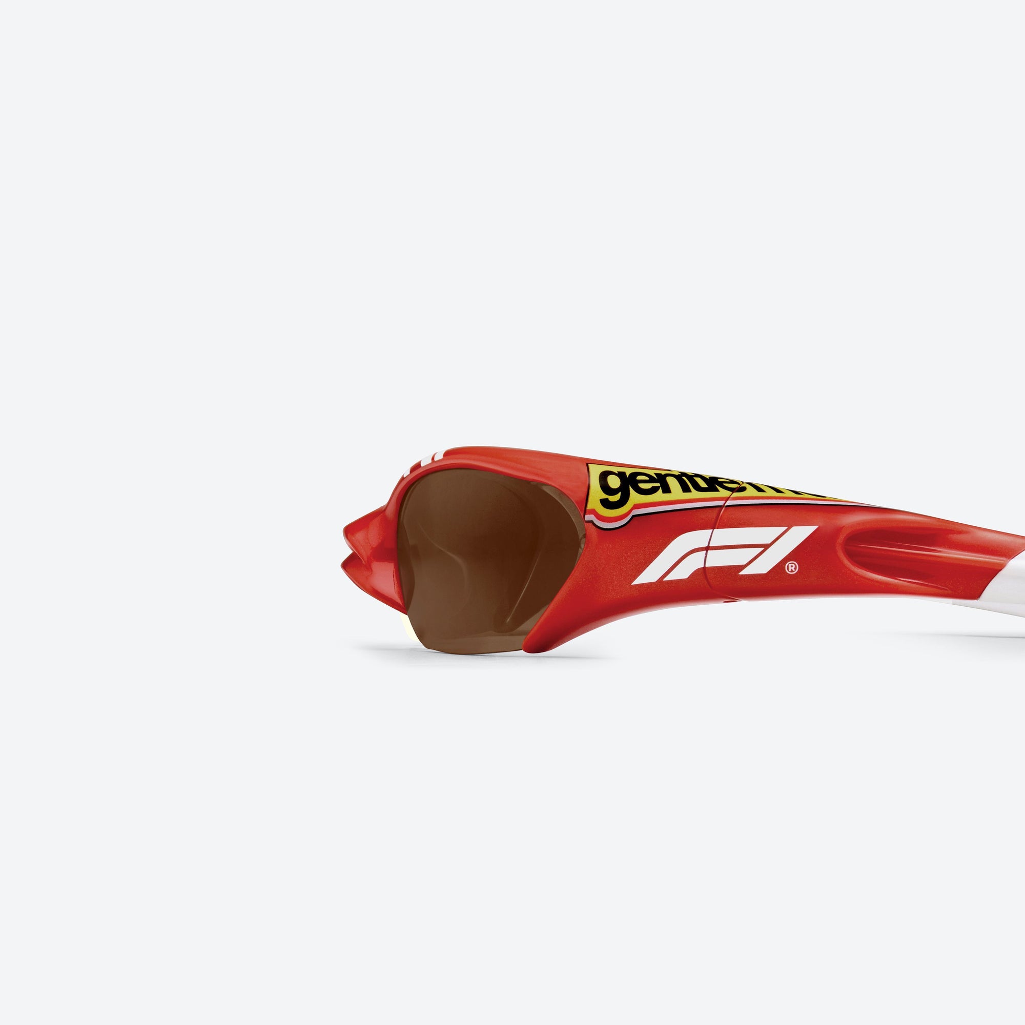 A detailed left view of Gentle Monster Disney F1 - Slipstream R13 Red Nylon framed Wraparound sunglasses.