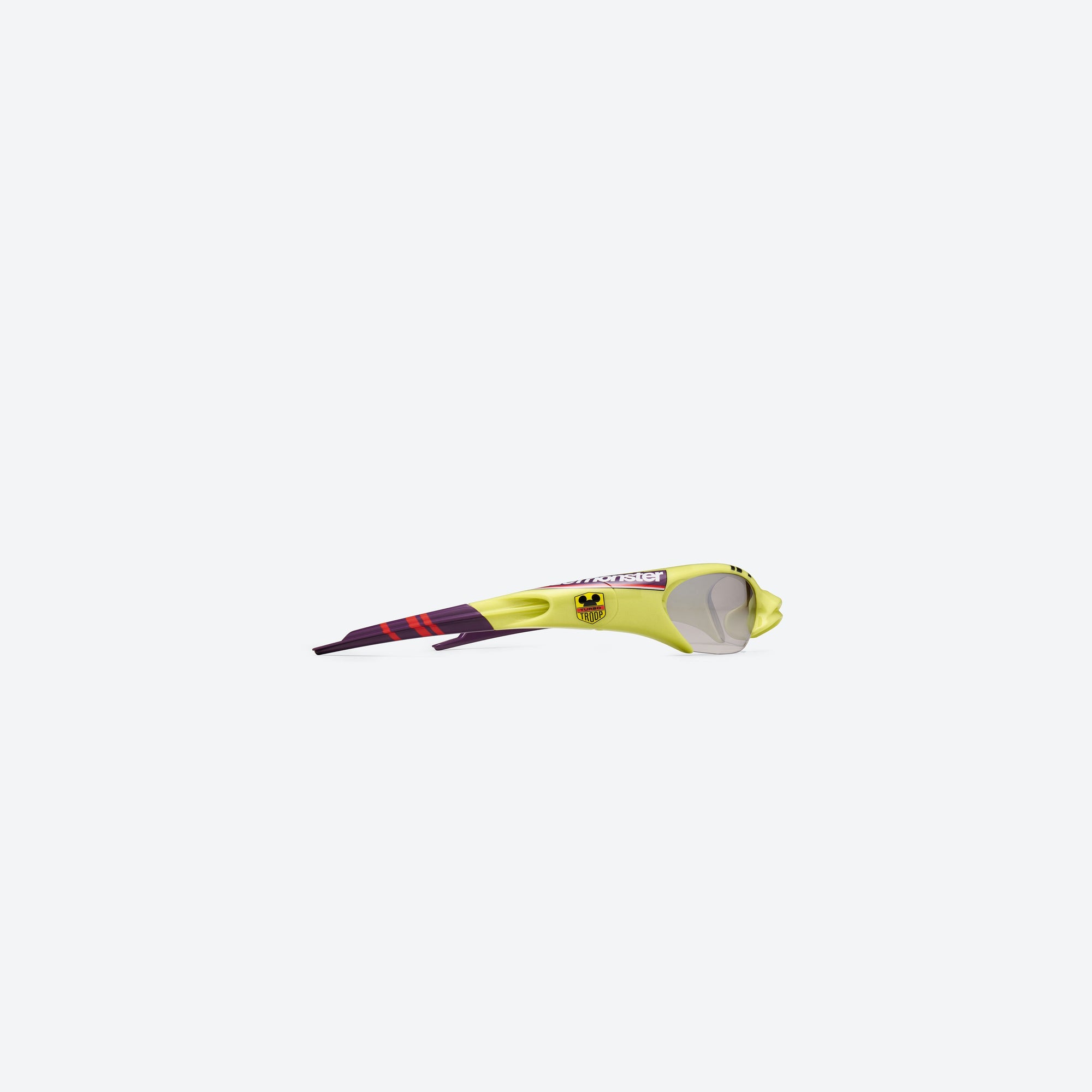 A detailed right view of Gentle Monster Disney F1 - Slipstream GR13 Green Nylon framed Wraparound sunglasses.