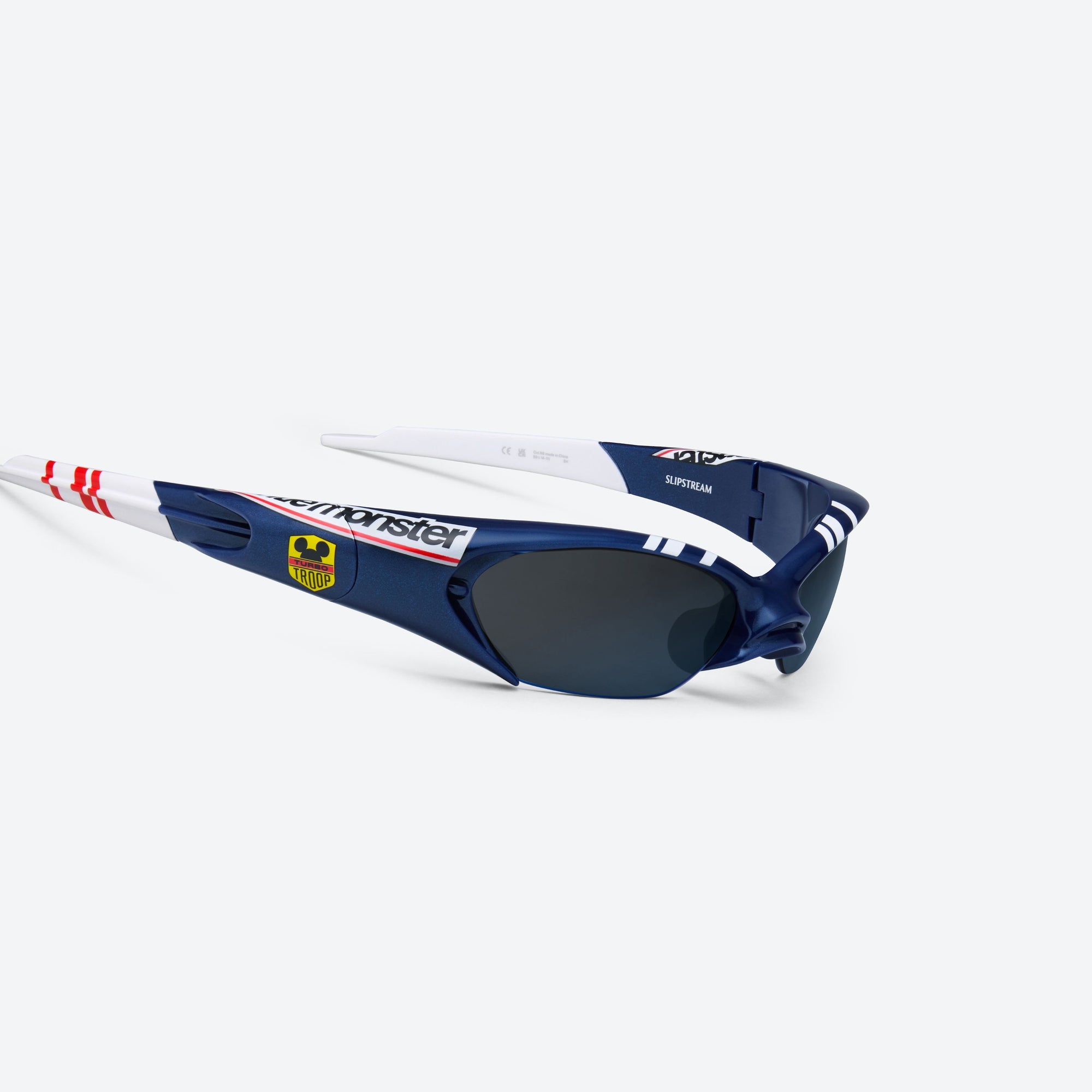 45-degree detailed view of Gentle Monster Disney F1 - Slipstream N8 Blue Nylon framed Wraparound sunglasses.
