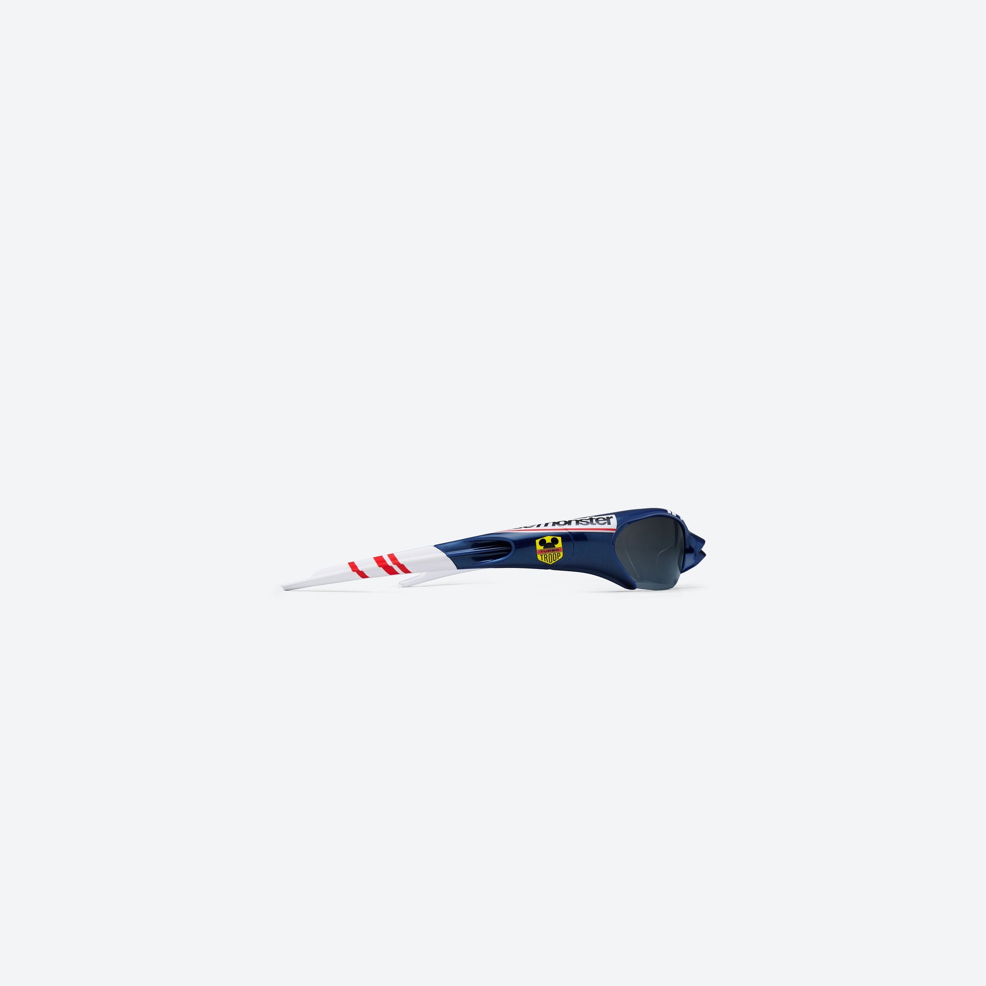 A detailed right view of Gentle Monster Disney F1 - Slipstream N8 Blue Nylon framed Wraparound sunglasses.