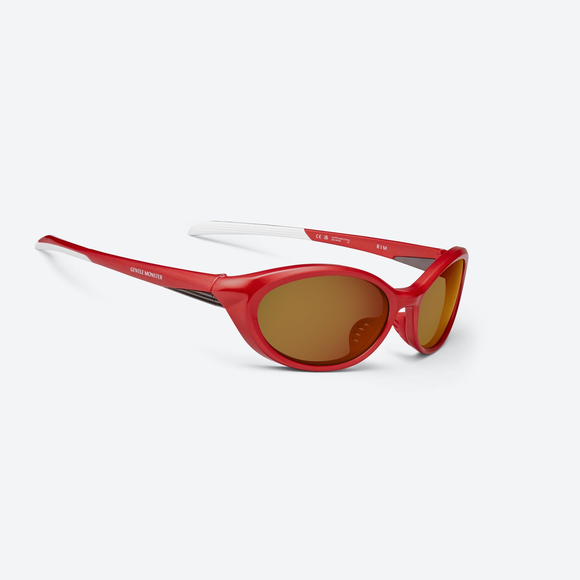 45-degree detailed view of Gentle Monster Disney F1 - Rim R13 Red Nylon framed Wraparound sunglasses.