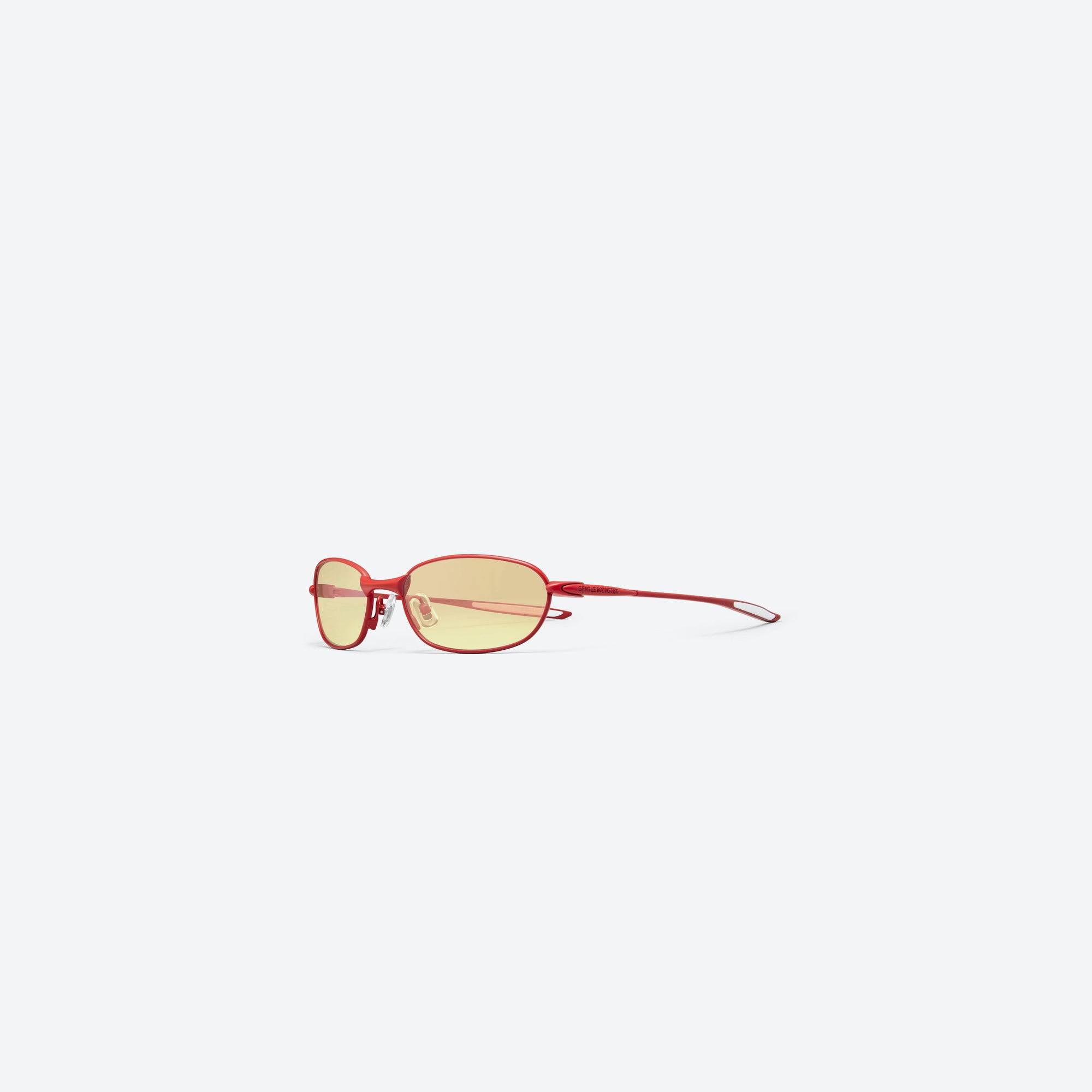 45-degree view of Gentle Monster Pitot MR14 Red Metal framed Wraparound sunglasses.