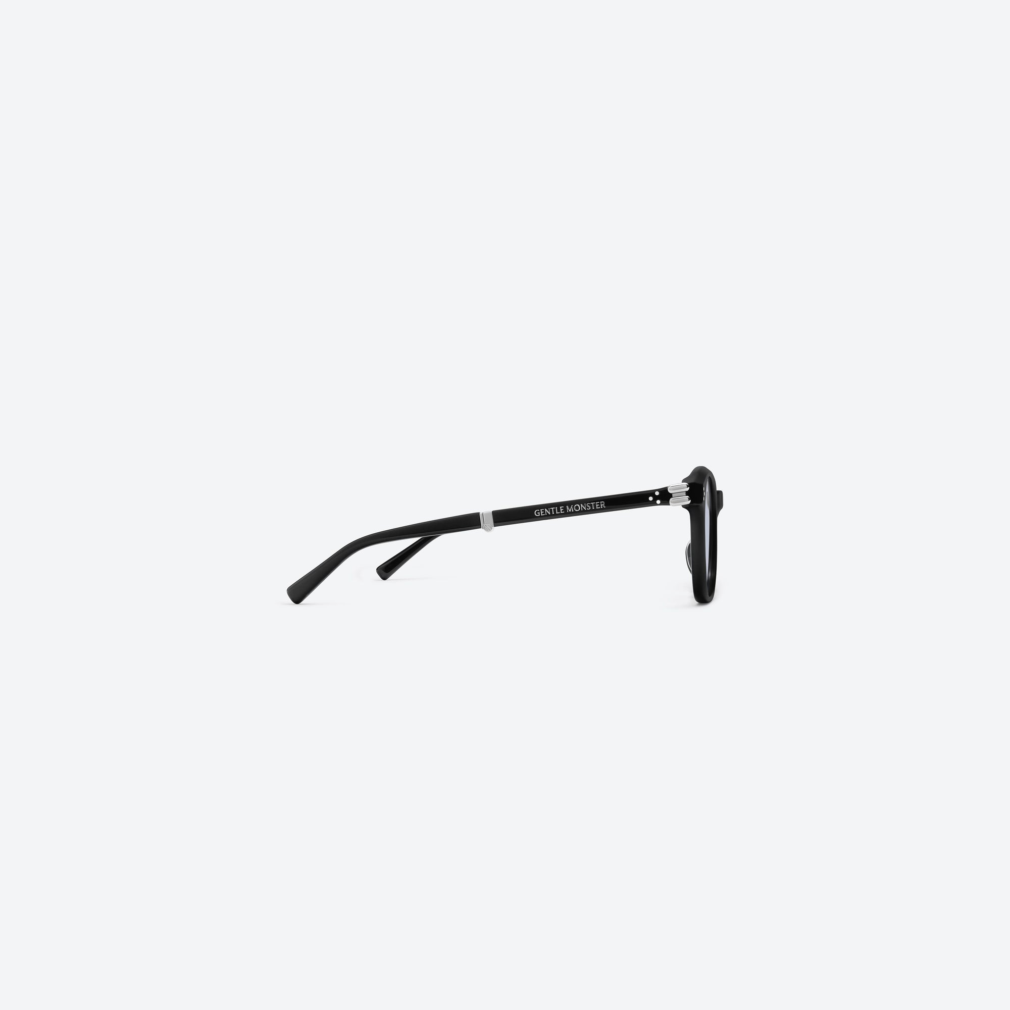 A detailed right view of Gentle Monster Jasmin 01(BL) Black Acetate framed Square sunglasses.