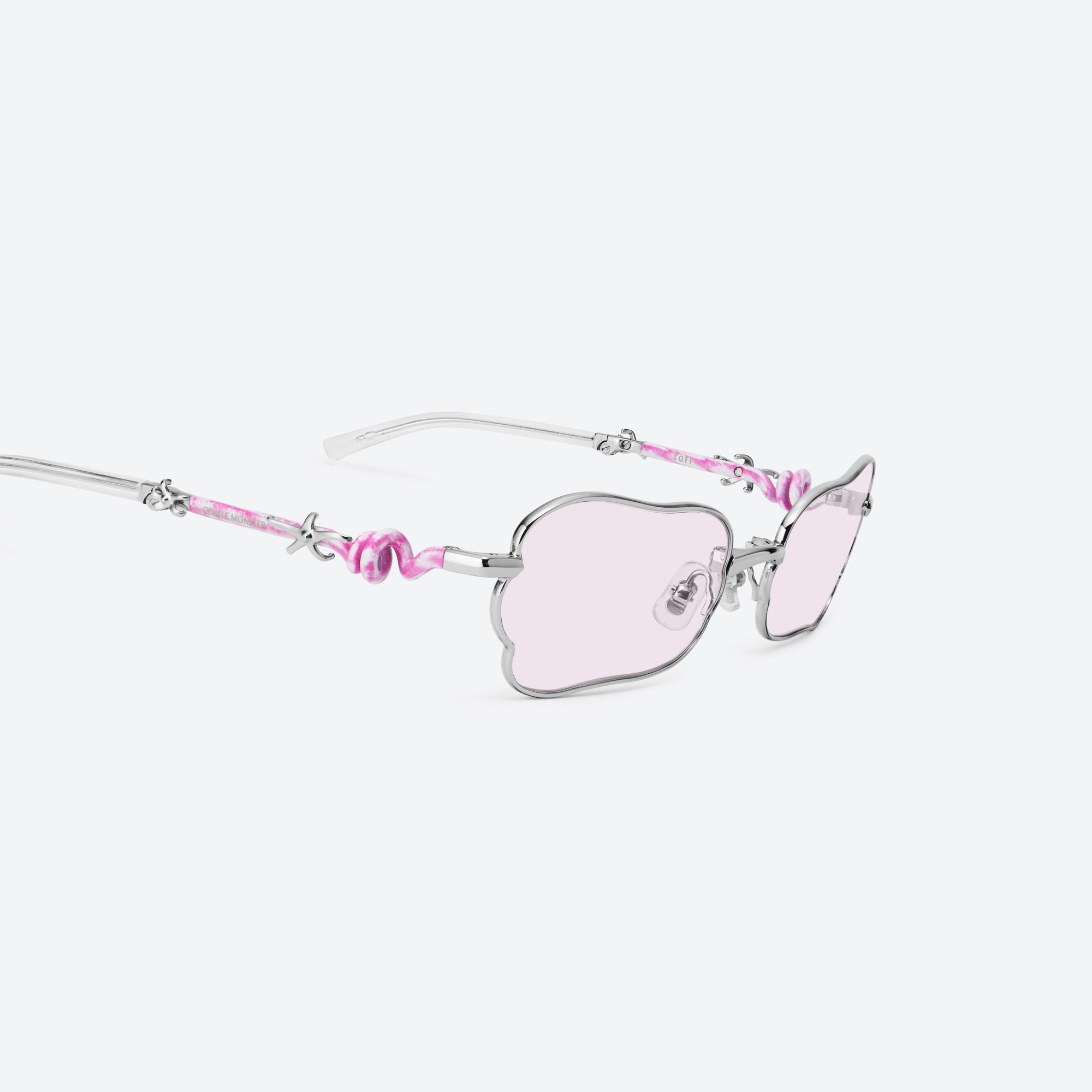 45-degree detailed view of Gentle Monster Tofi 02(R) Silver Metal framed Square sunglasses.