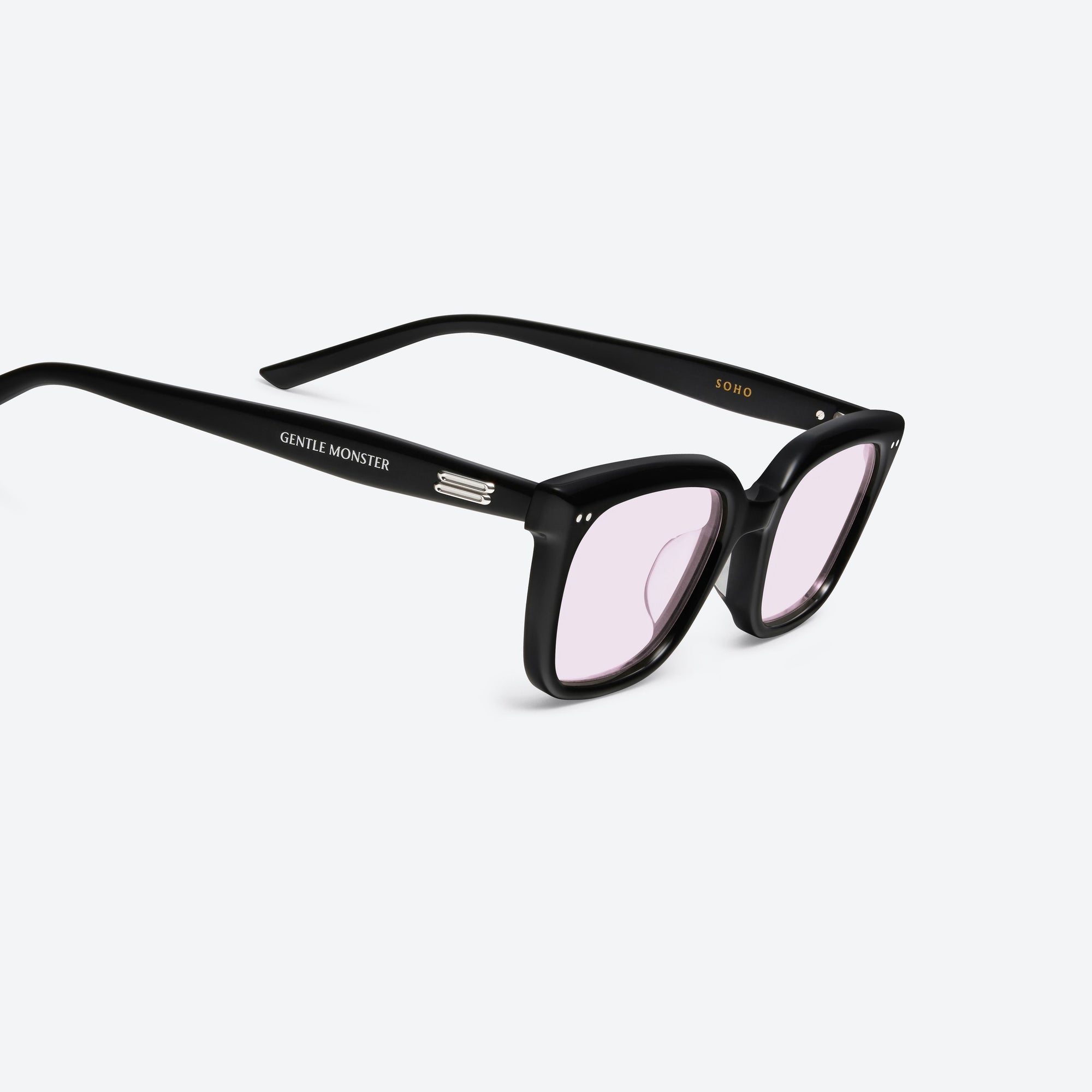 45-degree detailed view of Gentle Monster Soho 01(LV) Similar Black Acetate framed Square sunglasses.