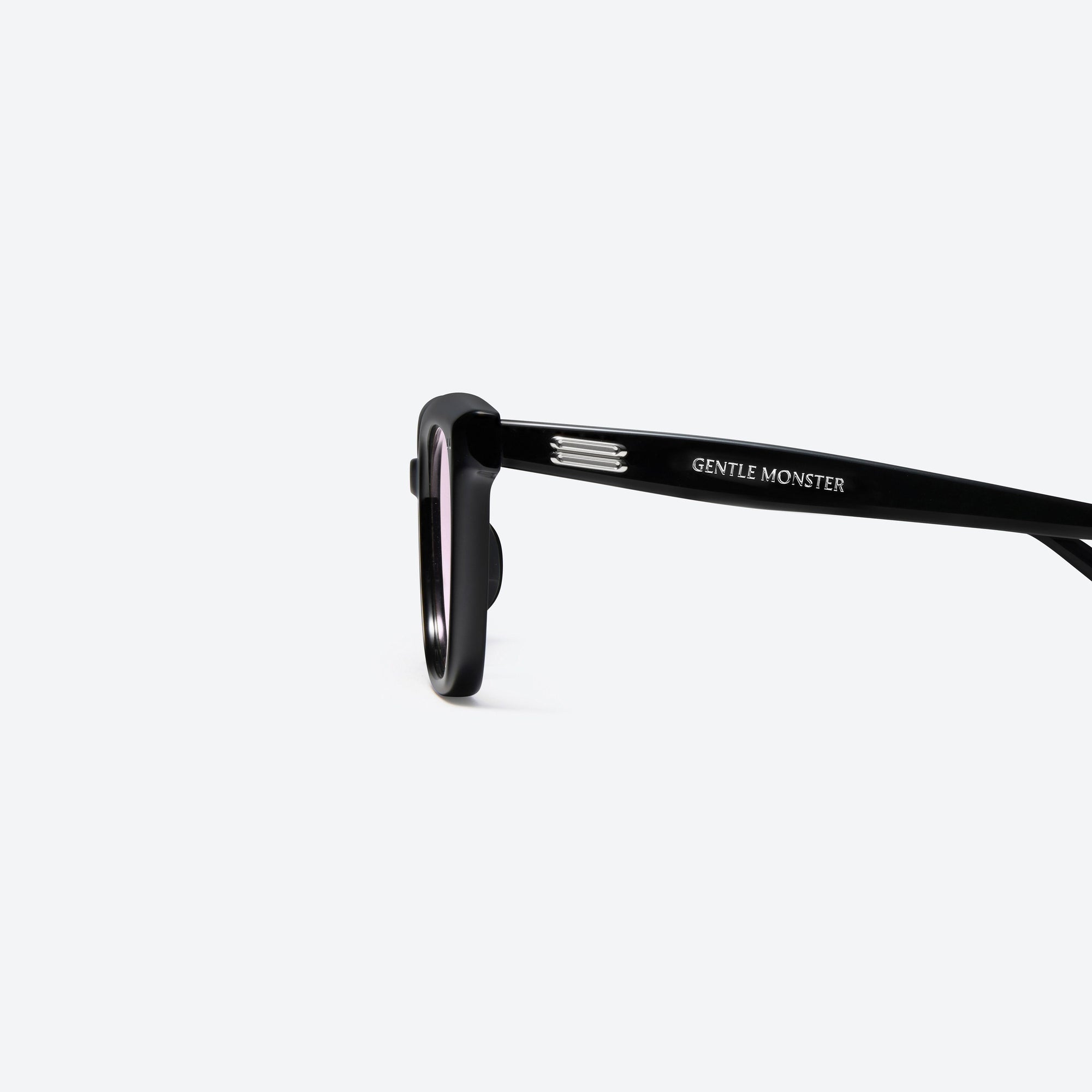 A detailed left view of Gentle Monster Soho 01(LV) Similar Black Acetate framed Square sunglasses.